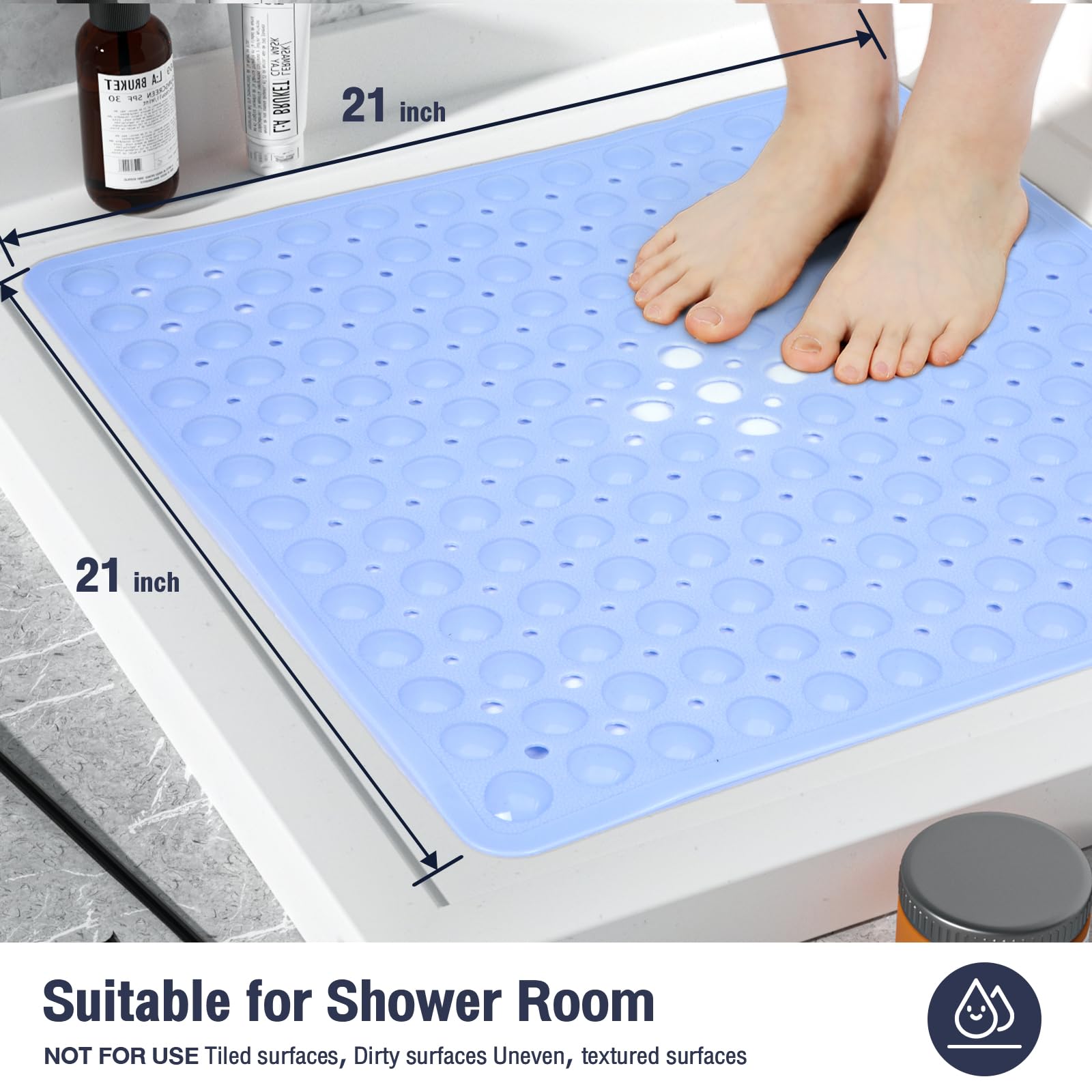 Naoloture Square Shower Bathtub Mat Non Slip For Inside Shower Light Blue 21X21 Inch, Shower Stall Mats For Bathroom Floor, Soft