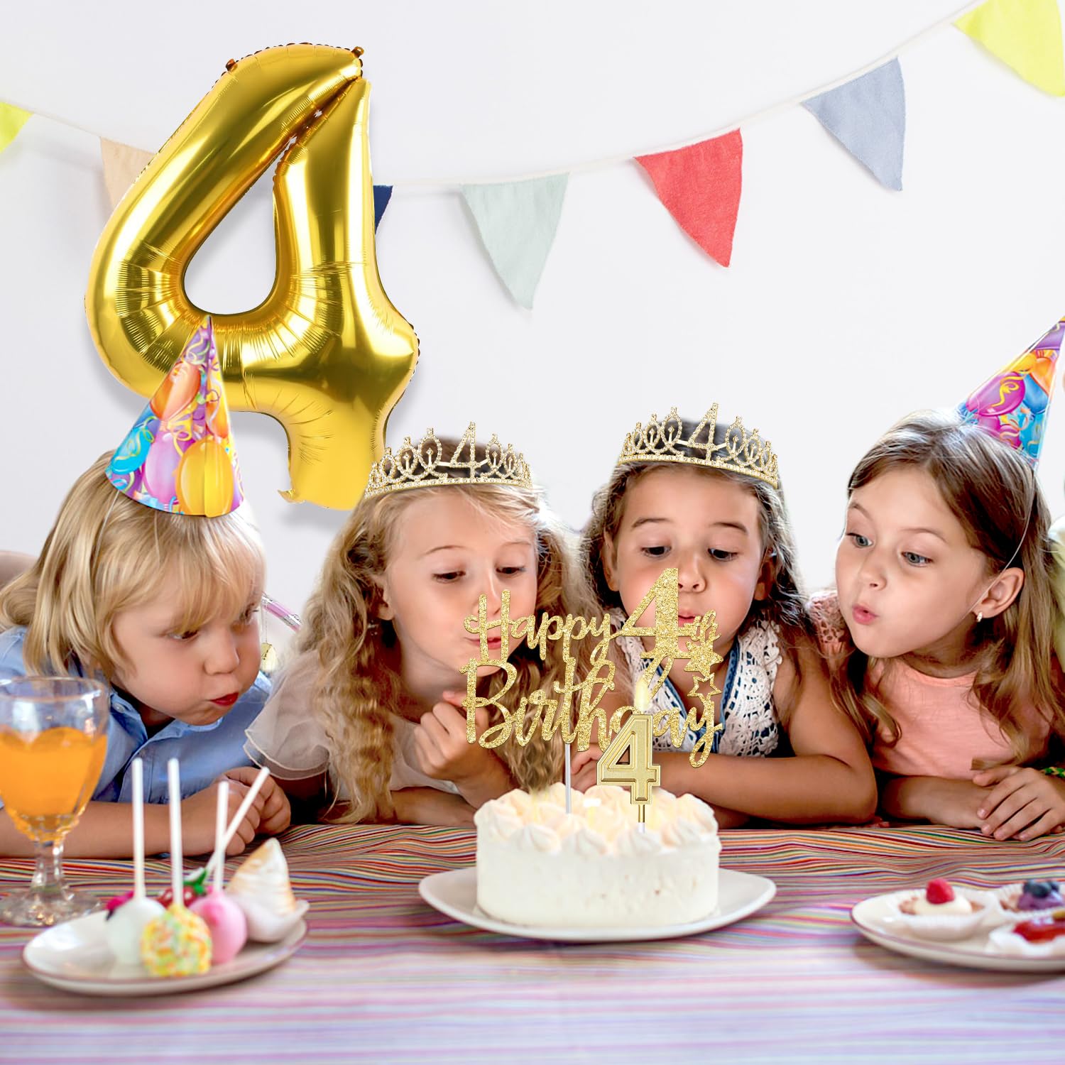 4th Birthday Decorations for Girl with 4th Birthday Sash and Crown, Candle and Cake Topper, Number Balloon, 4 Year Old Girl Gift