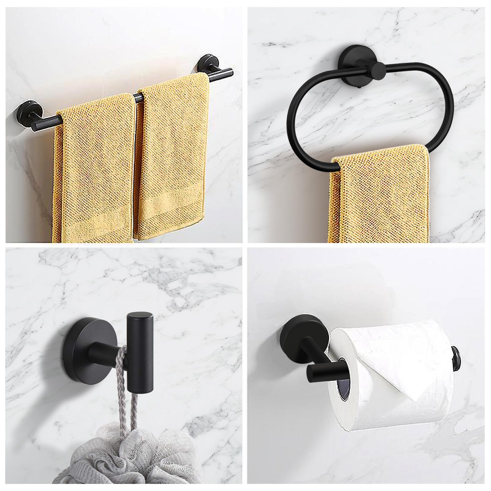 7 Pcs Bathroom Hardware Set, Matte Black Stainless Steel Bathroom Tower Rack Set Wall Mounted Includes 16'' Towel Bar, Toilet To