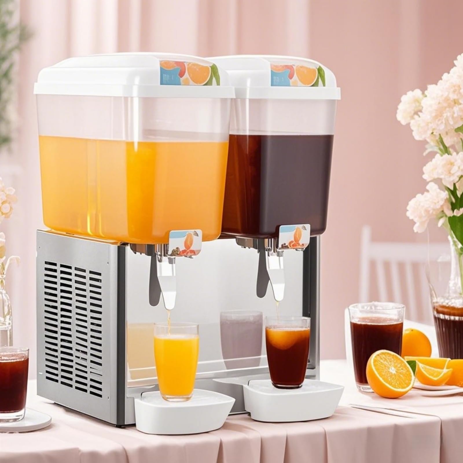 Dual 18L Tank Commercial Beverage Dispenser with Mixer and Infuser 9.52 Gallon Stainless Steel Refrigerated Juice Dispenser with
