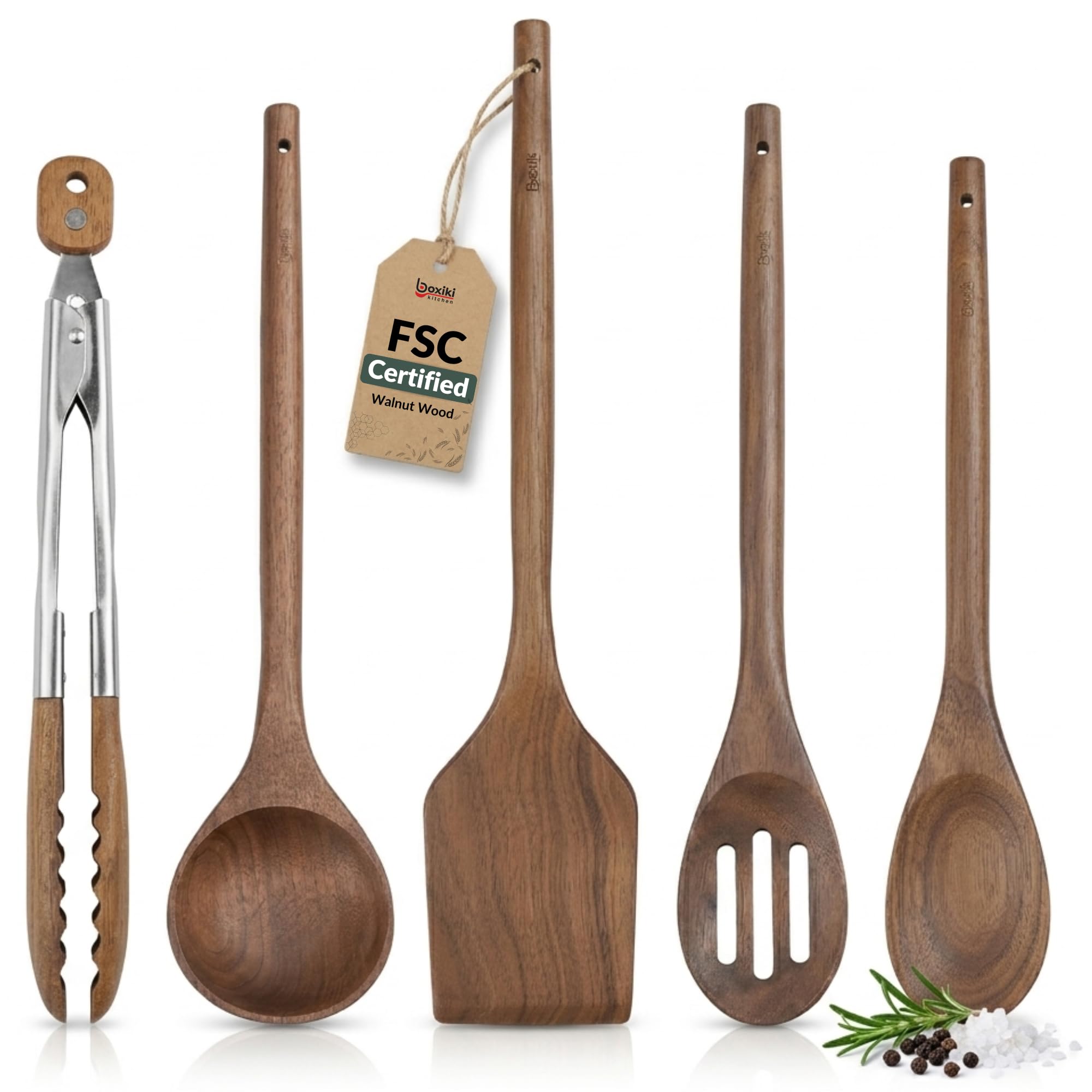 Elegant 5-Piece Walnut Wood Kitchen Utensil Set - Non-Scratch, Heat-Resistant Cooking Utensil Set with Kitchen Tongs, Spoons, Sp