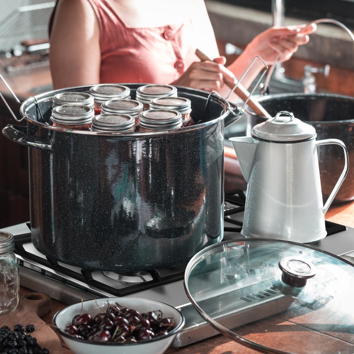 Granite Ware 21.5 Qt Heavy Gauge - 9 Piece Water Bath Canning Pot (Speckled Black) With Canning Toolset, Rack And Preserving Ket