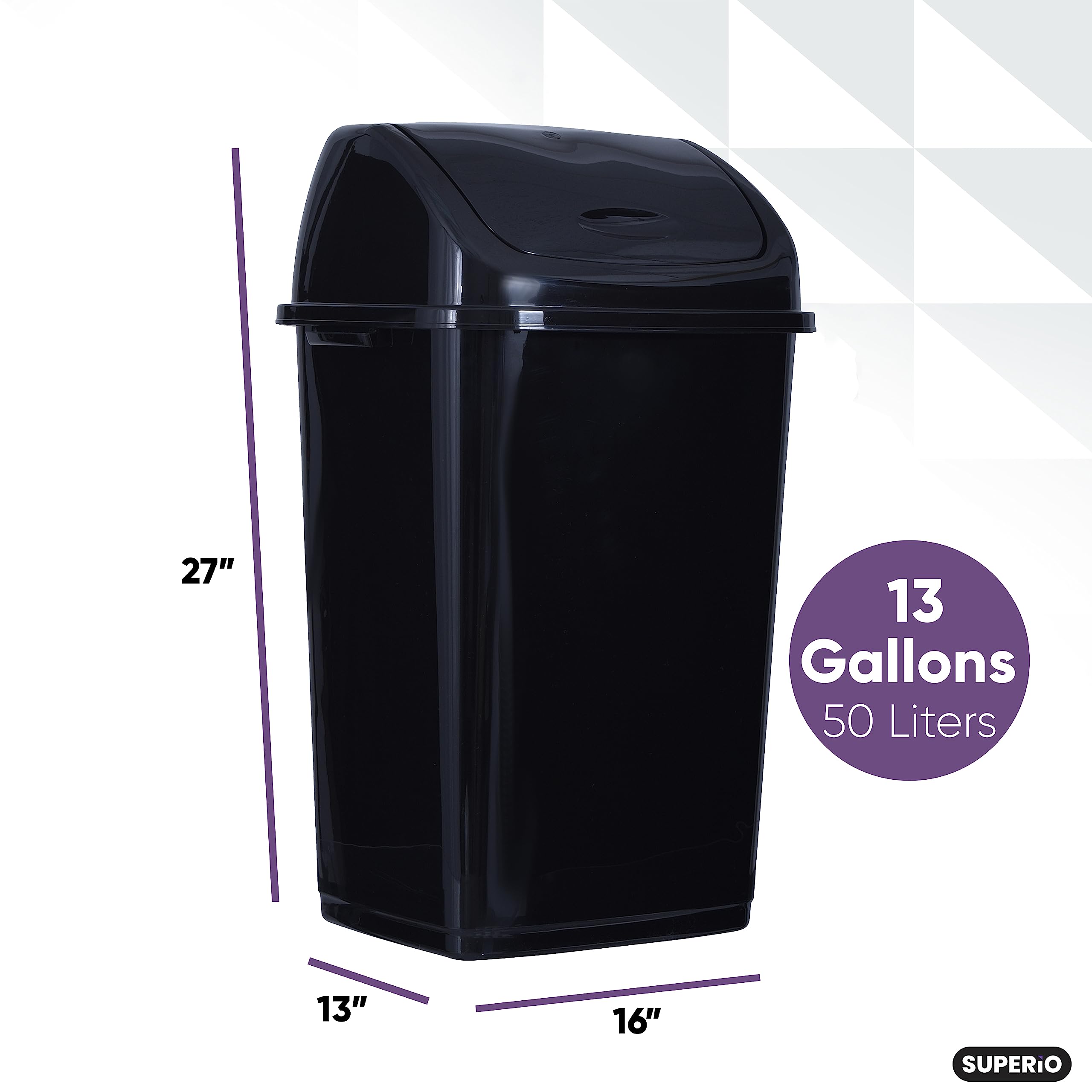 Superio Kitchen Trash Can 13 Gallon With Swing Lid, Plastic Tall Garbage Can Outdoor And Indoor, Large 52 Qt Recycle Bin And Was
