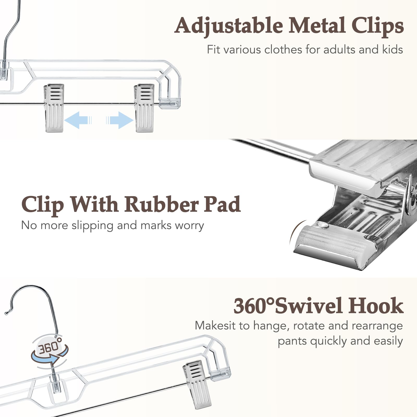 HOUSE DAY 25 Pack Clear Pants Hangers with Clips  Non-Slip with Adjustable Heavy Duty Slim Plastic Hangers 14'' 360-Rotating Swivel Hook  Clip Hangers for Trousers  Skirts