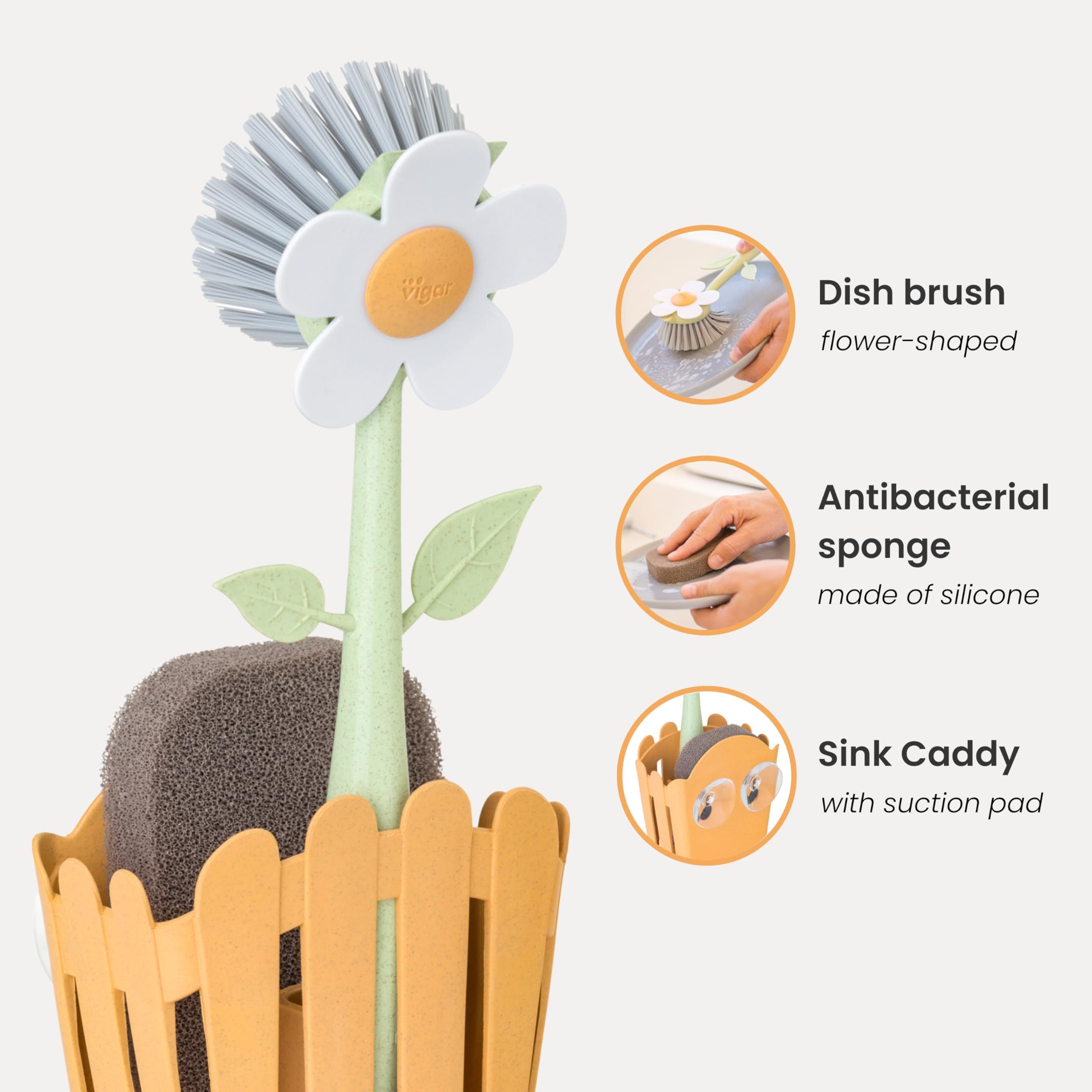 Vigar Florganic 3-In-1 Kitchen Sink Caddy Set, Flower-Shaped Dish Brush, Sponge, Fence-Shaped Holder And Suction Cup, Ideal Sink