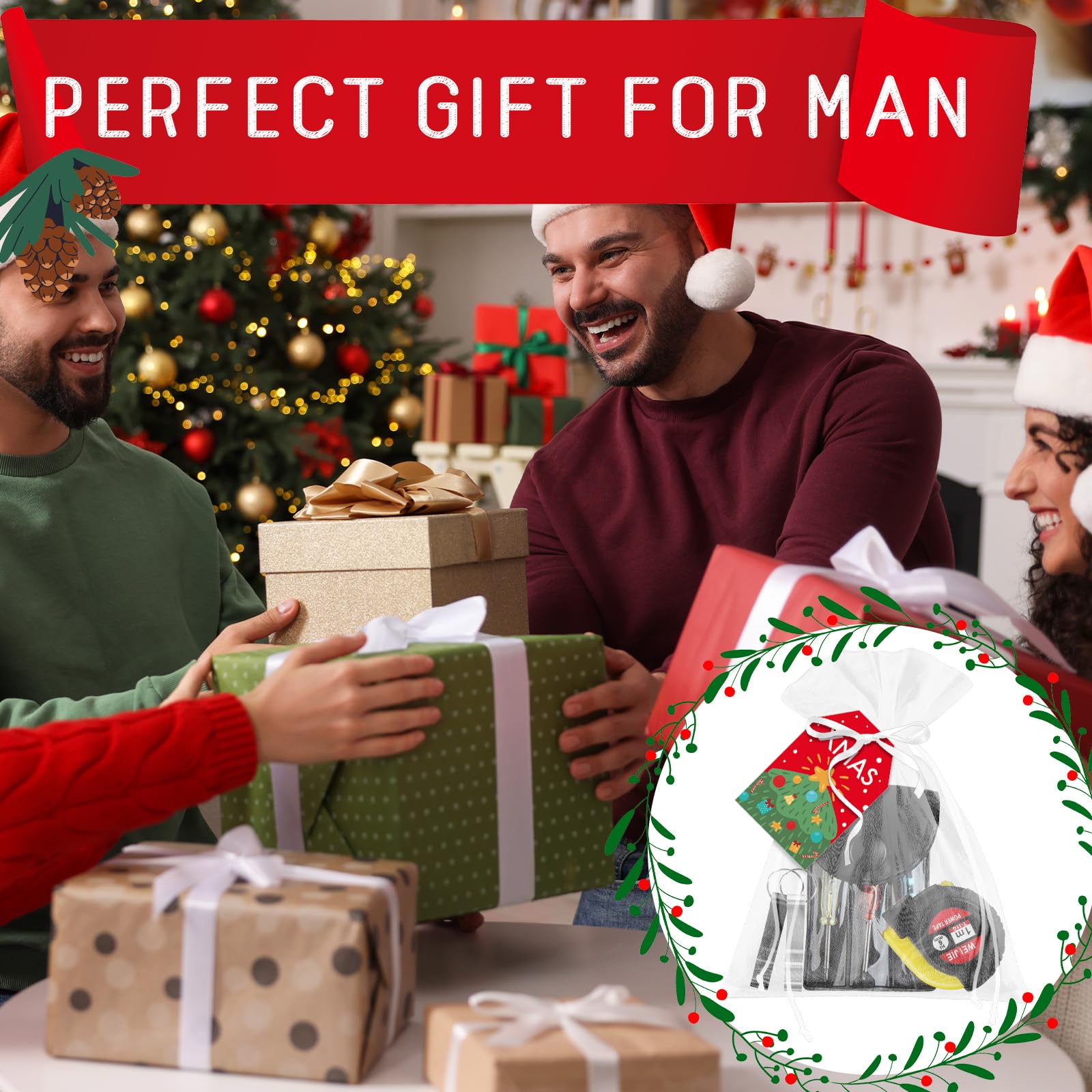 Denylo Pro 12 Sets Christmas Gifts with Tape Measure Bottle Opener Tool Kit Greeting Card Twine Bags for Christmas Party Favors