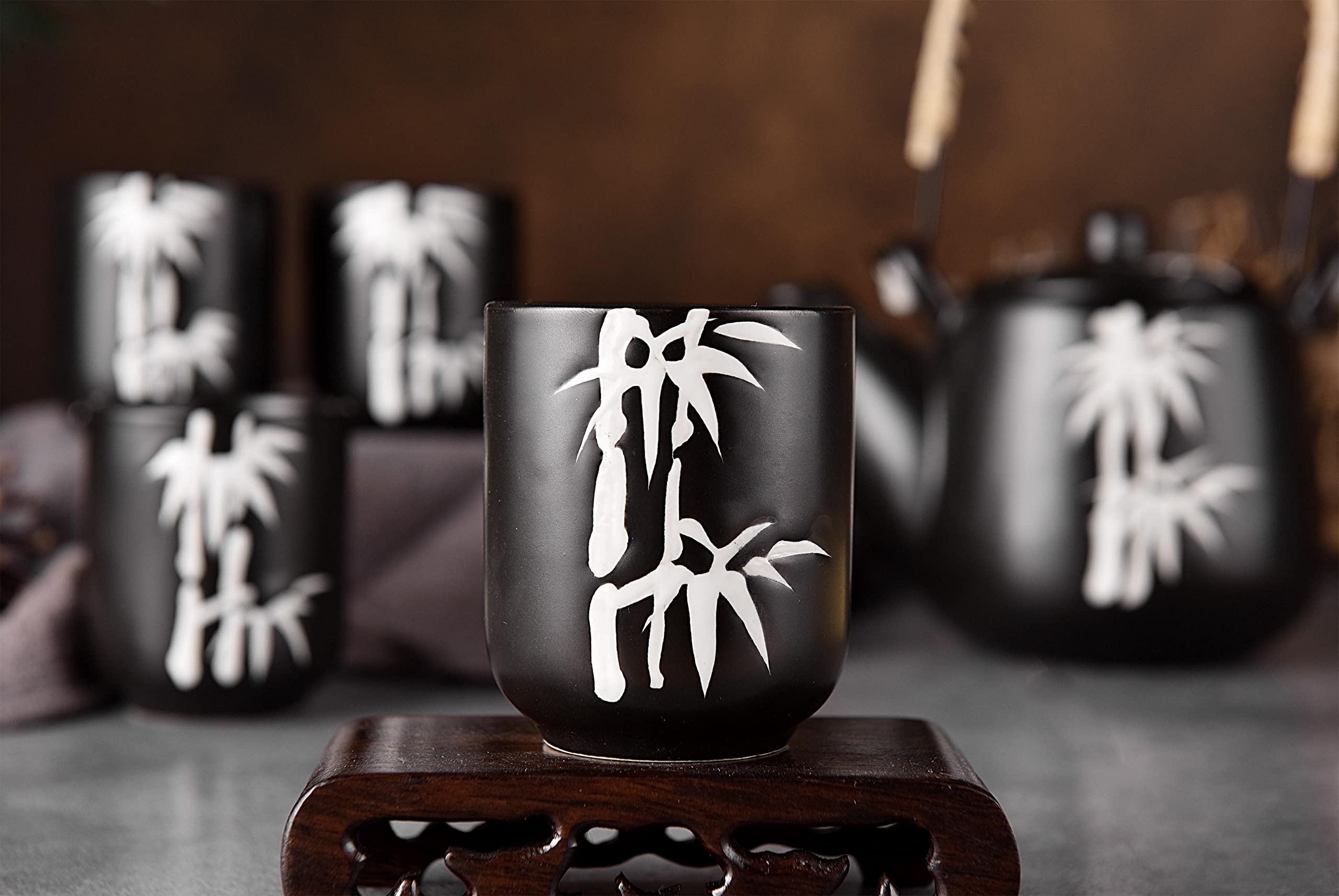Mose Cafolo Japanese Tea Set Black With White Bamboo Ceramic Tetsubin Teapot & 4 Teacups, Stainless Steel Infuser, Rattan Handle
