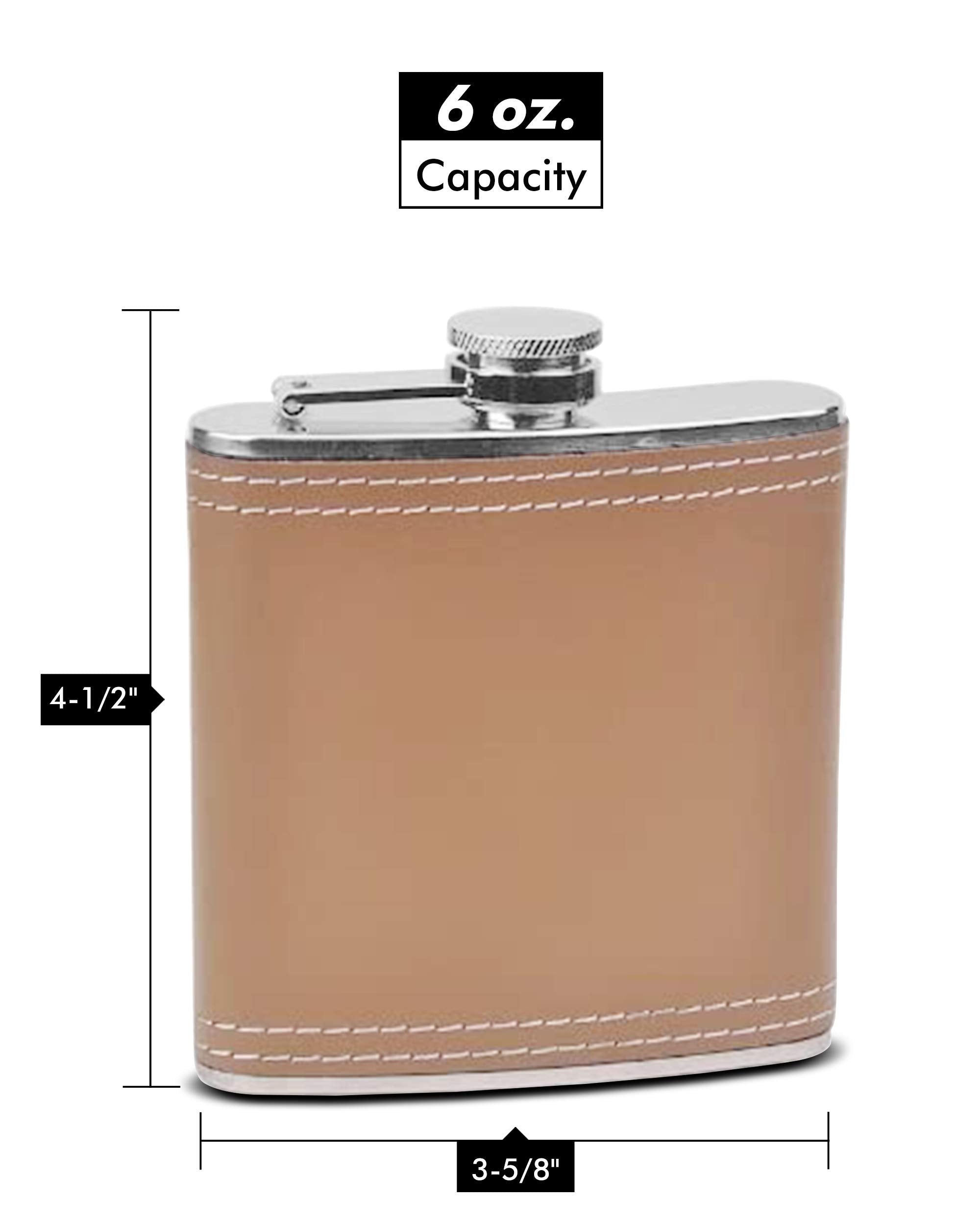 Genuine Leather Hip Flask Holding 6 Oz - Ckb Products Pocket Size, Stainless Steel, Rustproof, Screw-On Cap - Brown Finish - Bla