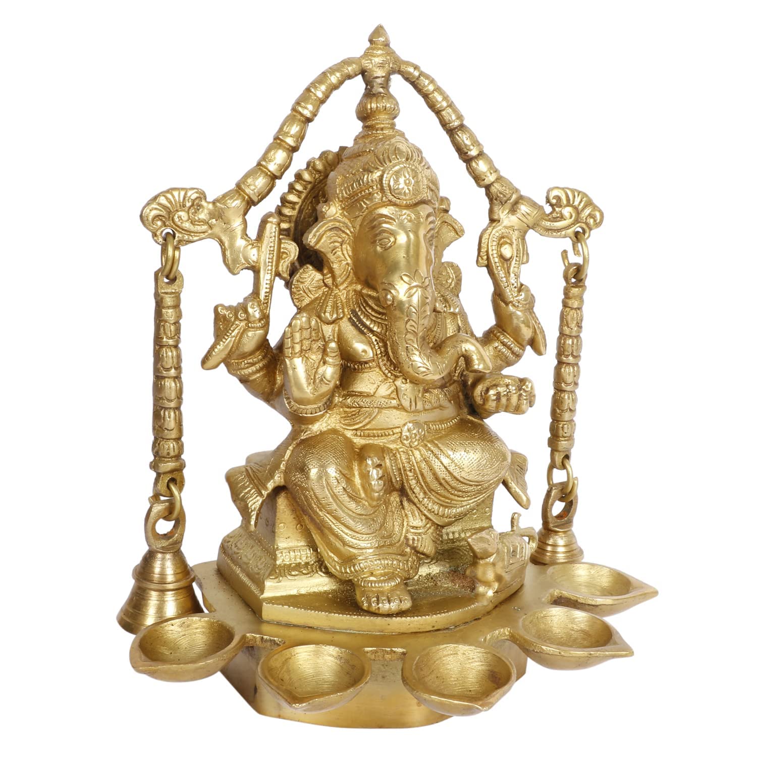 Kartique Brass Ganesh Bhagwan Idol Ganesha Statue Ganpati Murti With Multi Diya And Bells For Home Entrance Decor Diwali Gift Ga