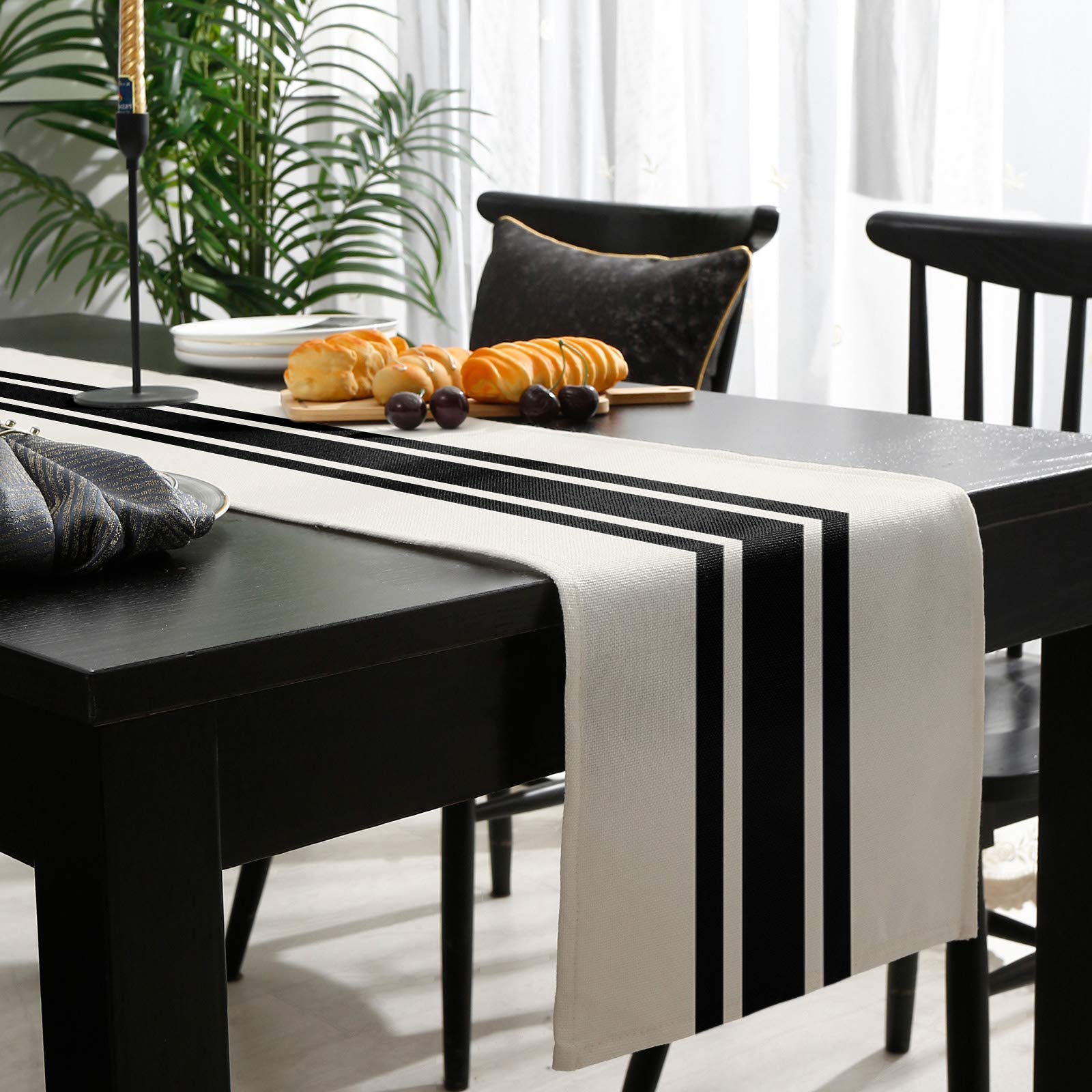 Rural Farmhouse Black Line Stripes Burlap Table Runner 108 Inches, Beige Bed Runner Dresser Scarves Tabletop For Indoor Outdoor