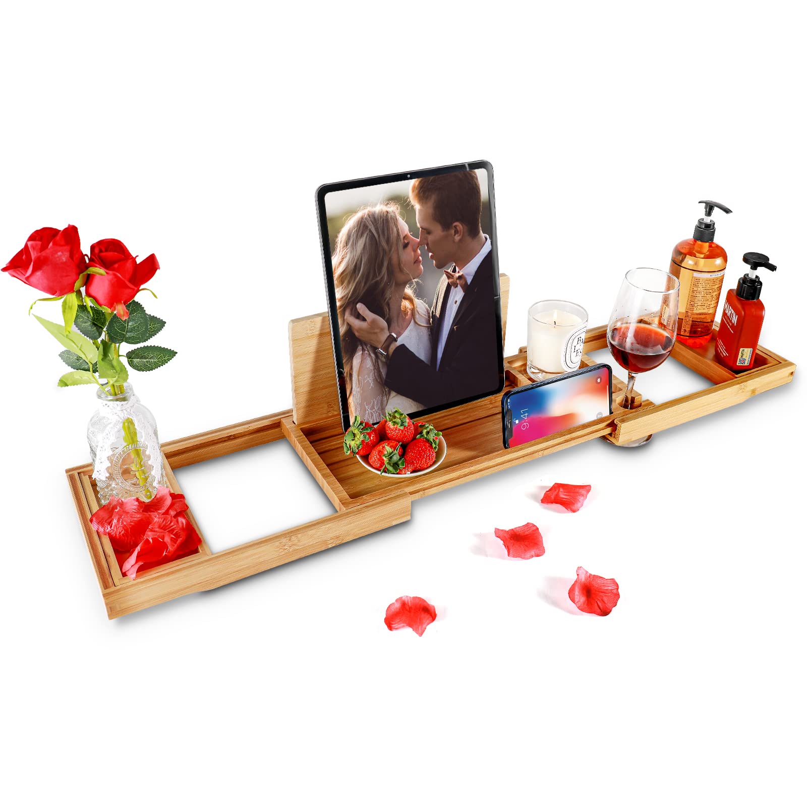 Premium Bathtub Caddy Tray For Tub, Bamboo Bath Tray For Tub With Extending Sides, Adjustable Bath Tub Tray Wood For Luxury Bath