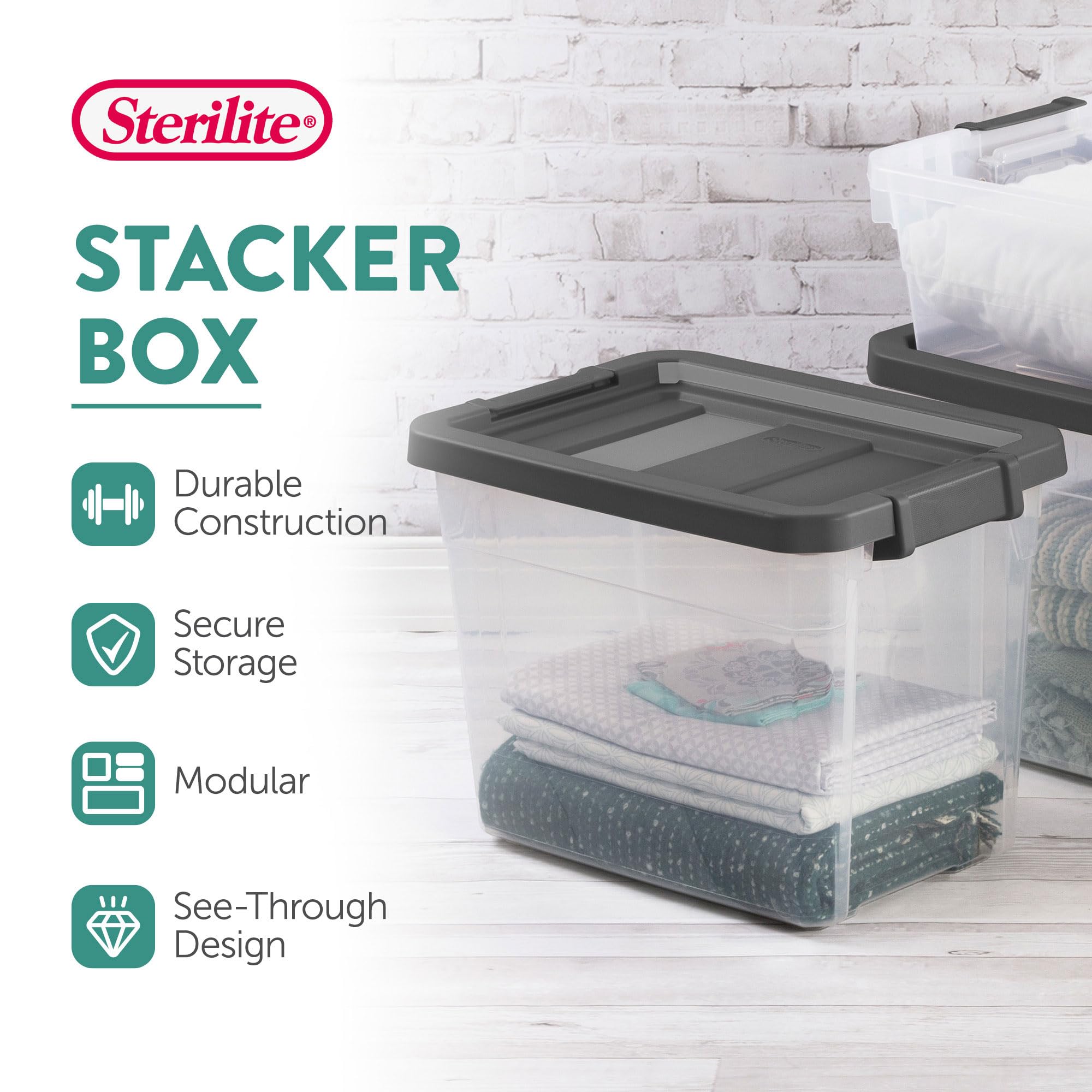 Sterilite 30 Quart Plastic Stacker Box, Lidded Storage Bin Container For Home And Garage Organizing, Shoes, Tools, Clear Base &