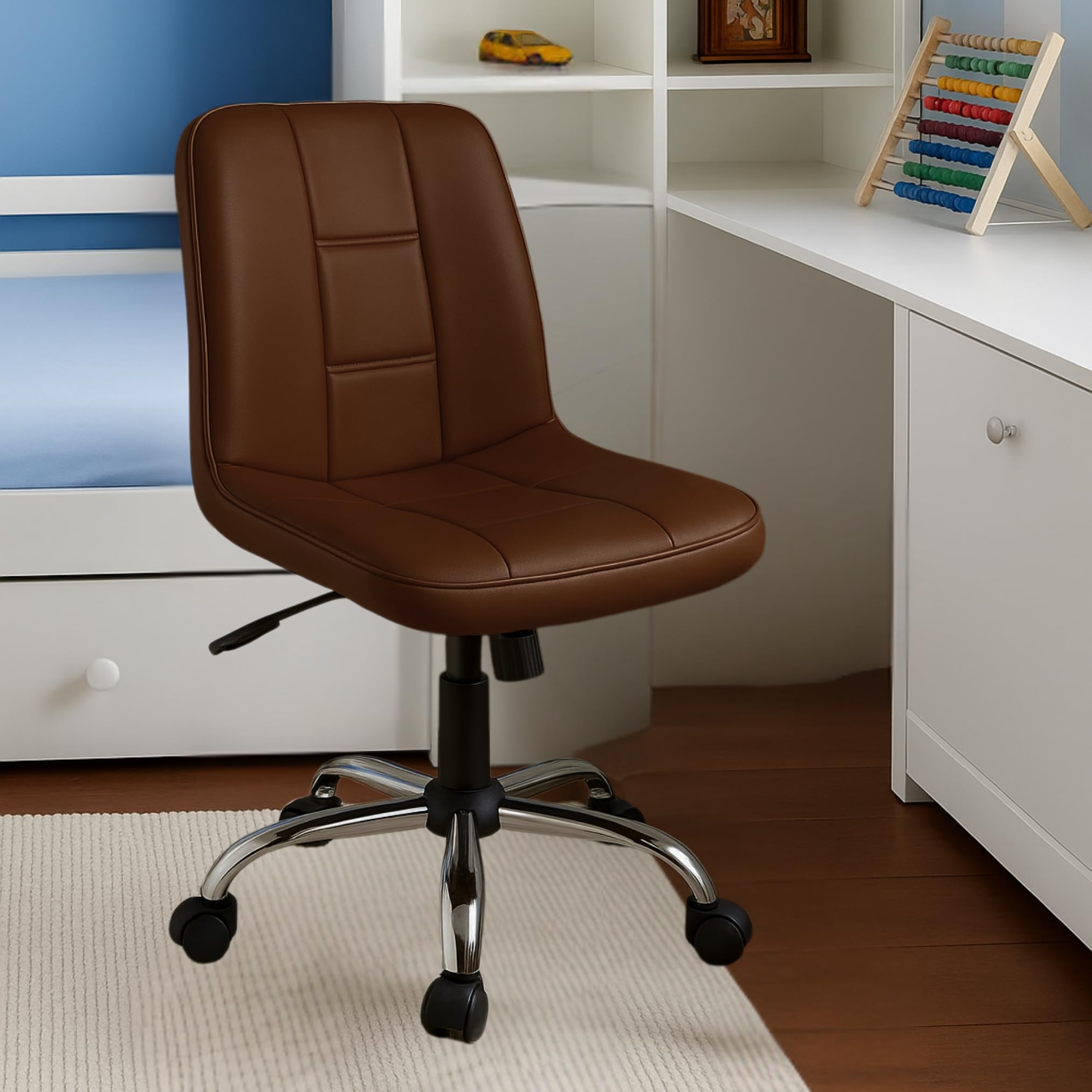 Zidle Adjustable Swivel Office Chair With Cushioned Seat Armless Computer Chair With Wheels Brown Finish Study Desk Chair For Ho