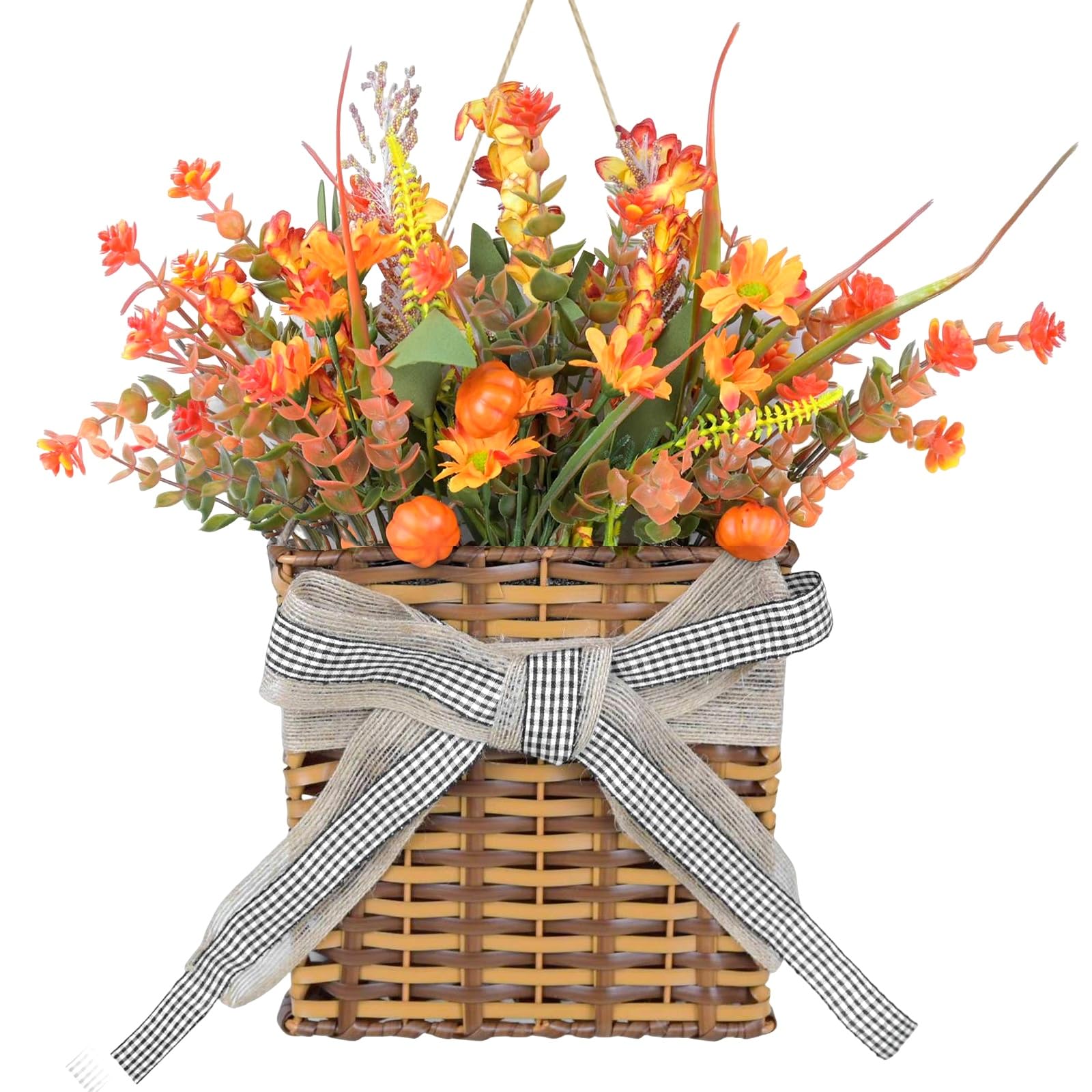Thanksgiving Fall Door Hanger Basket Wreath Orange Pumpkin Wreath, Artificial Autumn Pumpkin Wreaths with Mixed Leaves Sunflower