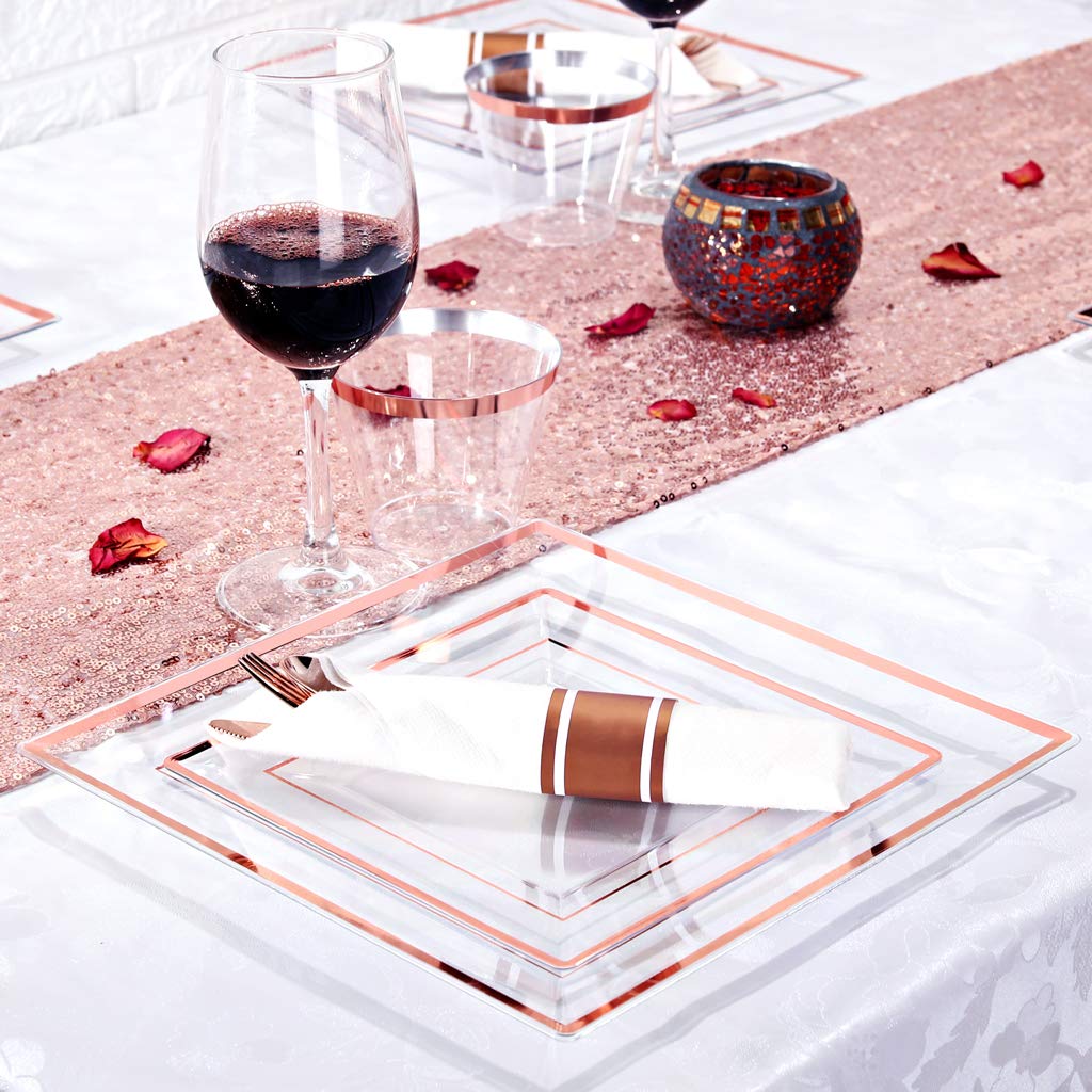 Wellife 350 Pcs Valentines Rose Gold Square Plastic Plates, Disposable Rose Gold Dinnerware Set, Includes: 50 Dinner Plates10.25
