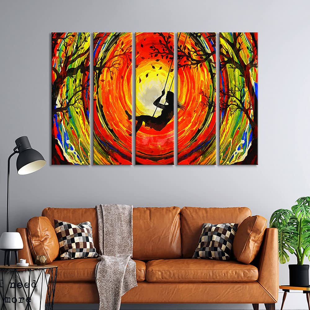 999Store 5 Panel Wall Painting Wall Frames Wall Hanging Girls Swinging On The Swing Art Panels Modern Art (Mdf_Size_76X130 Cms_C