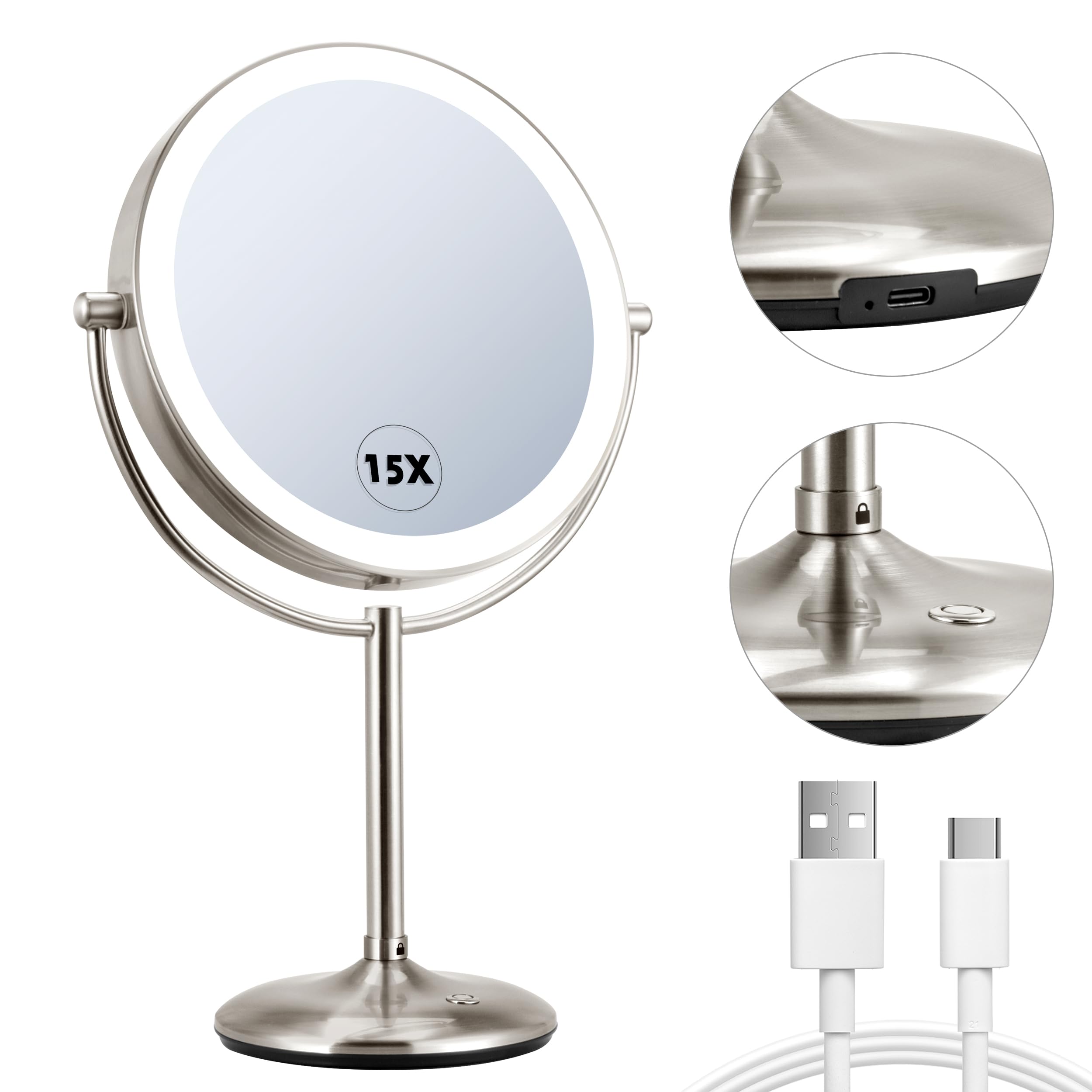 Vorremirr 15X Magnifying Mirror With Light: 9 Inch Lighted Makeup Mirror With 3 Colors, 360Rotation Touch Screen Rechargeable Li
