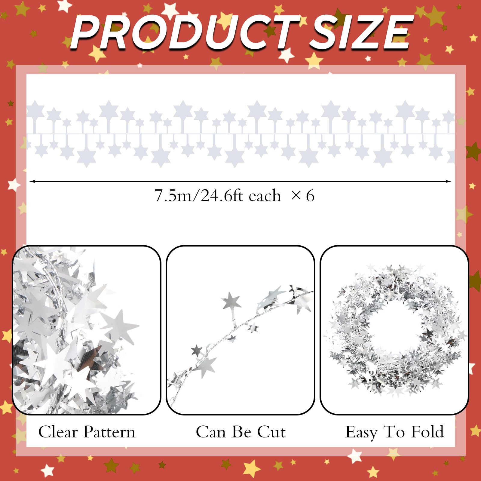 Shappy 147.6 ft Star Garland Wired Silver Christmas Tinsel Garland for Tree Metallic Small Mini, 6 Rolls for Decorations