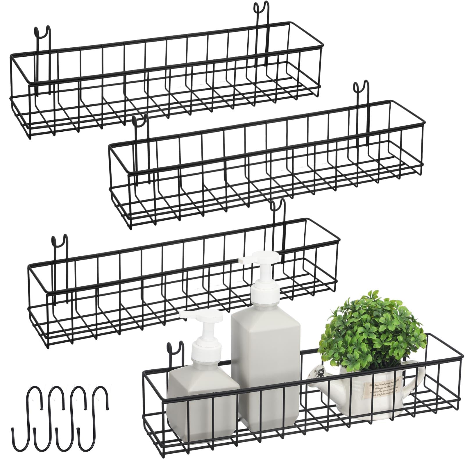 Black 4 Pack Grid Wall Hanging Baskets with 16 S Hooks, 15.8 x 3.9 x 3.2 Inch Metal Wire Wall Mount Storage Baskets for Grid Pan