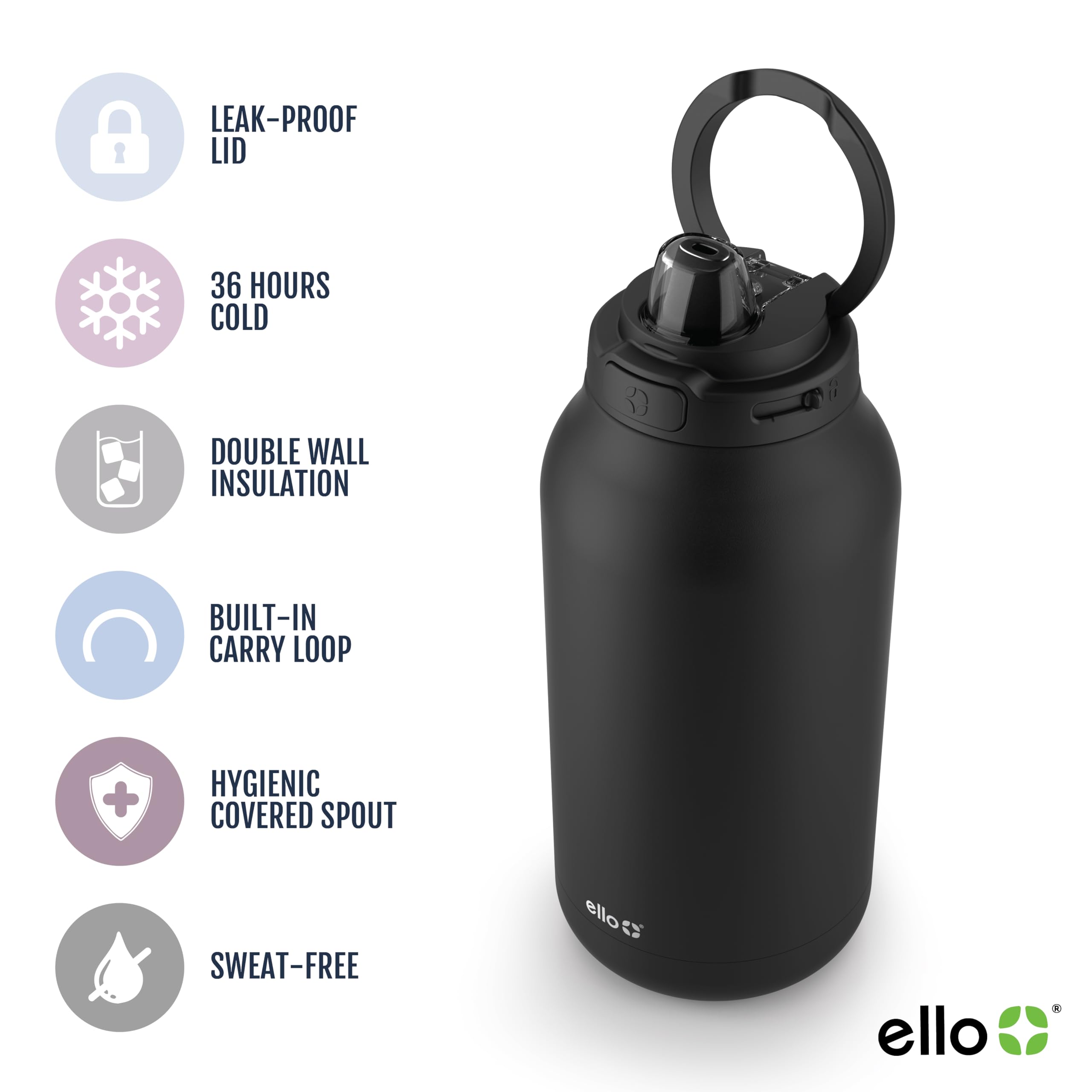 Ello Hydra 64Oz Half Gallon Vacuum Insulated Stainless Steel Jug With Locking, Leak-Proof Lid And Soft Silicone Straw, Metal Reu