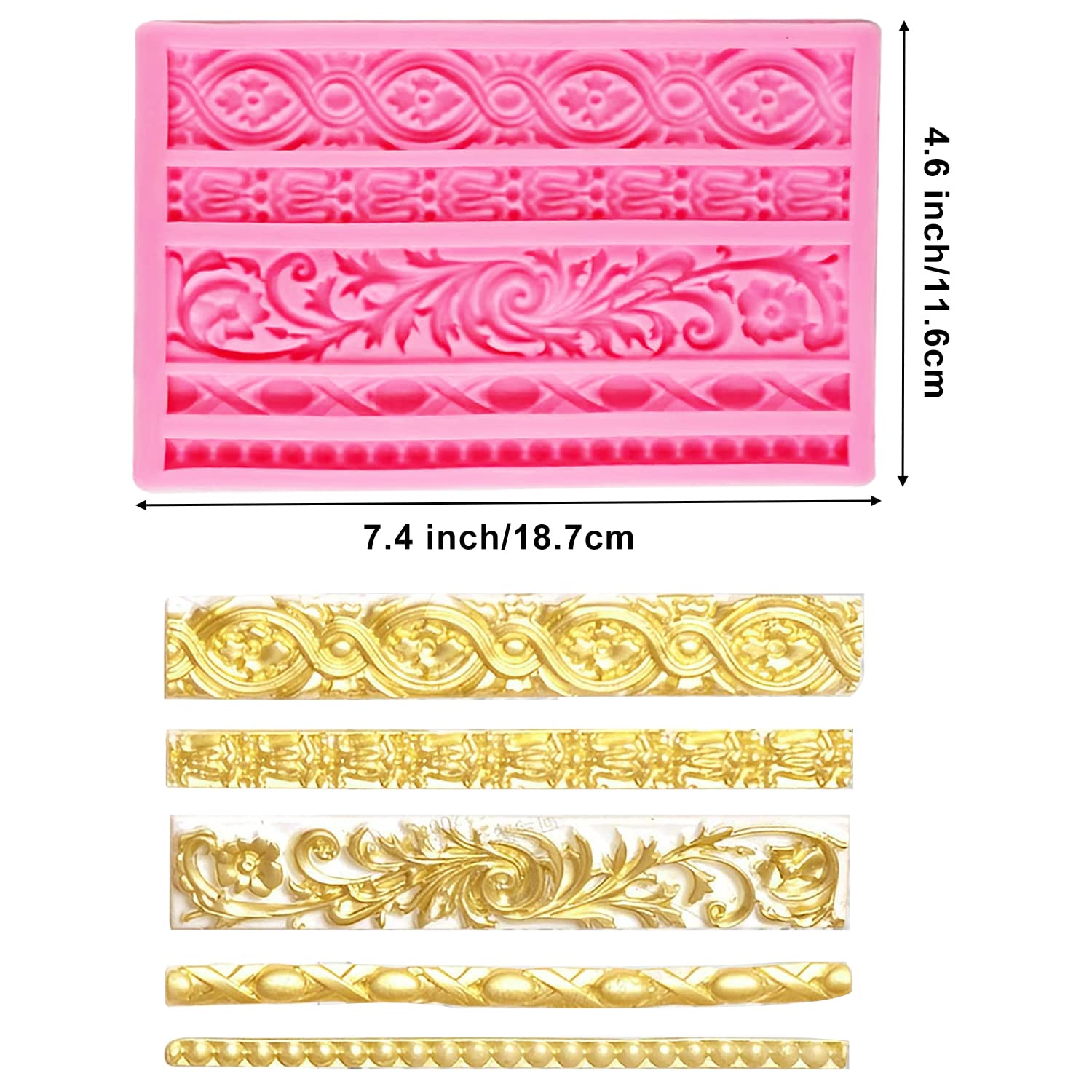 Silicone Fondant Molds, Aimeiki 3 Pack 3D Baroque Fondant Molds Scroll Border Lace Silicone Molds Curlicues Gum Paste Candy Choc