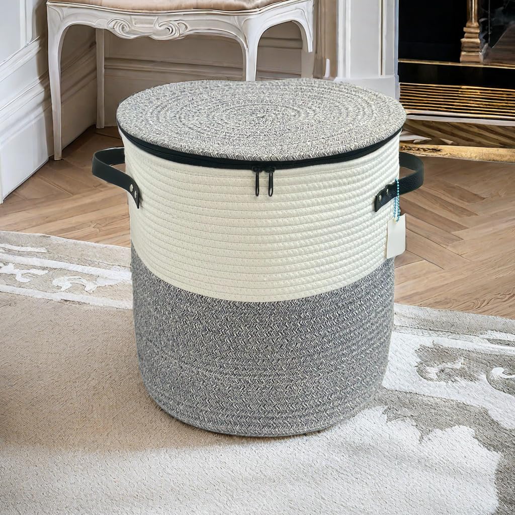 Wayideal Cotton Rope Storage Basket With Zipper Cover & Woven Baskets With Lid For Books, Blankets, Hats, Jackets,Multi-Purpose