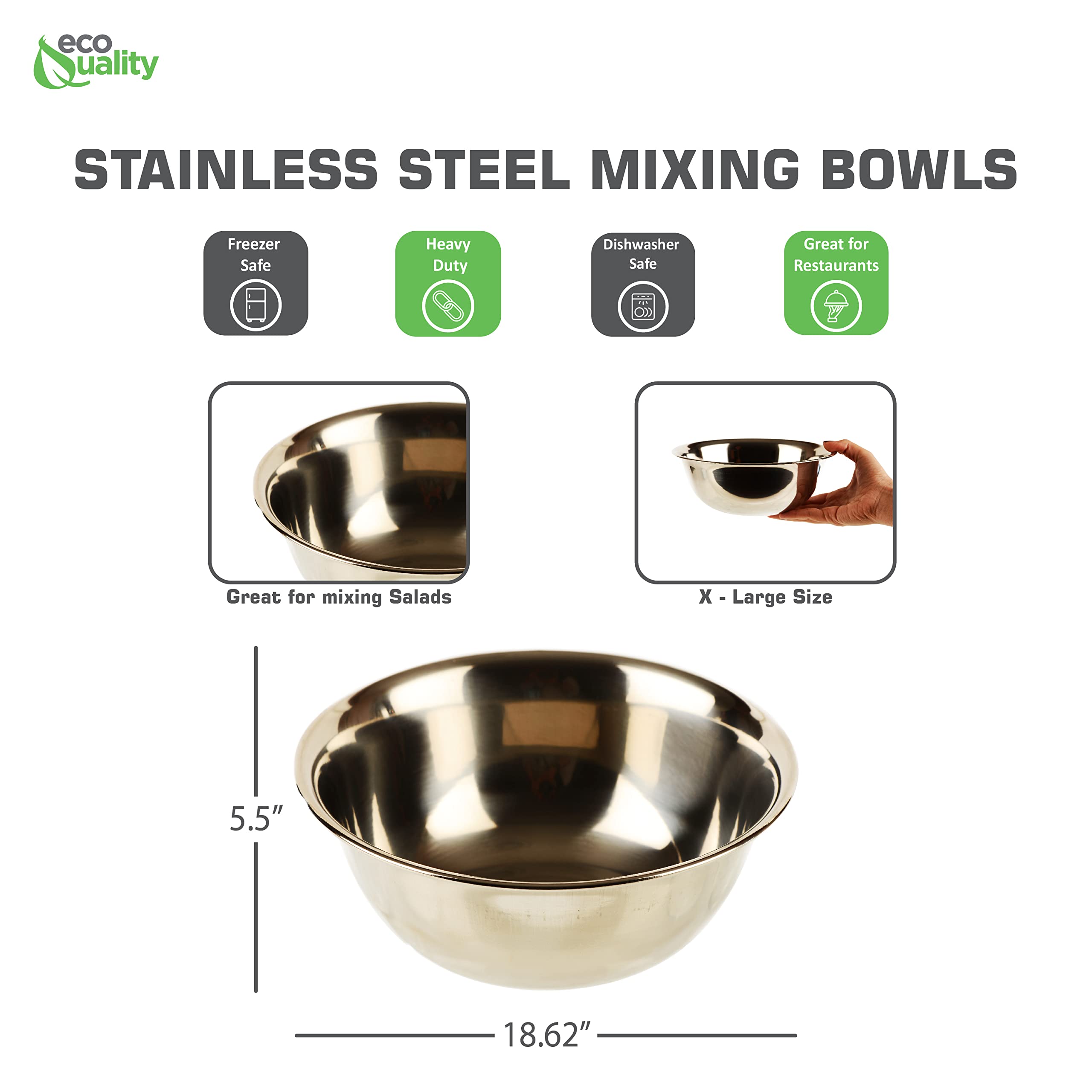 Ecoquality [1 Pack] 20 Quart Large Stainless Steel Mixing Bowl - Baking Bowl, Flat Base Bowl, Preparation Bowls - Great For Baki