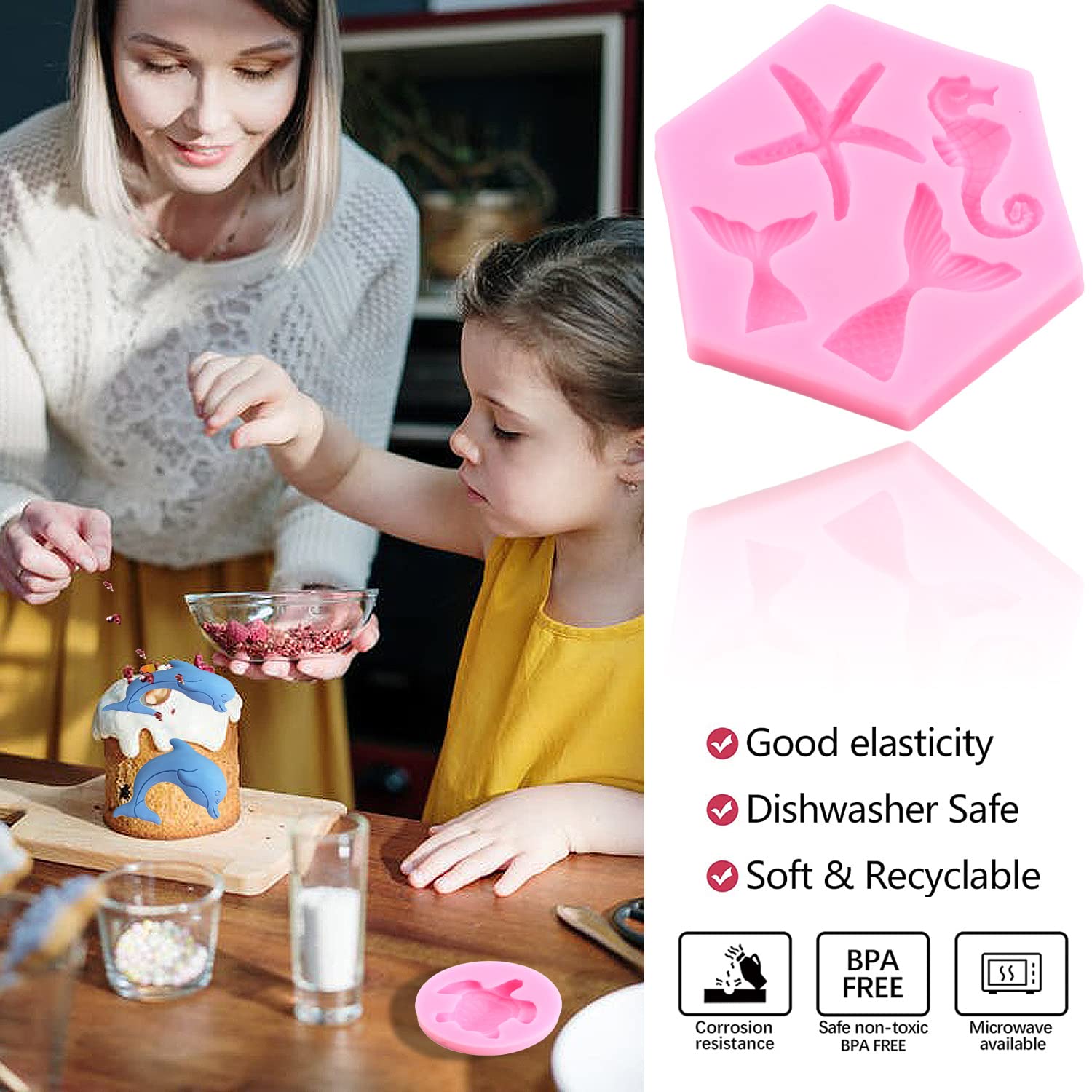 Zixiang Marine Theme Fondant Cake Mold Mermaid Seashell Starfish Conch Coral Seaweed Sea Turtle Dolphin Silicone Mold For Cake D