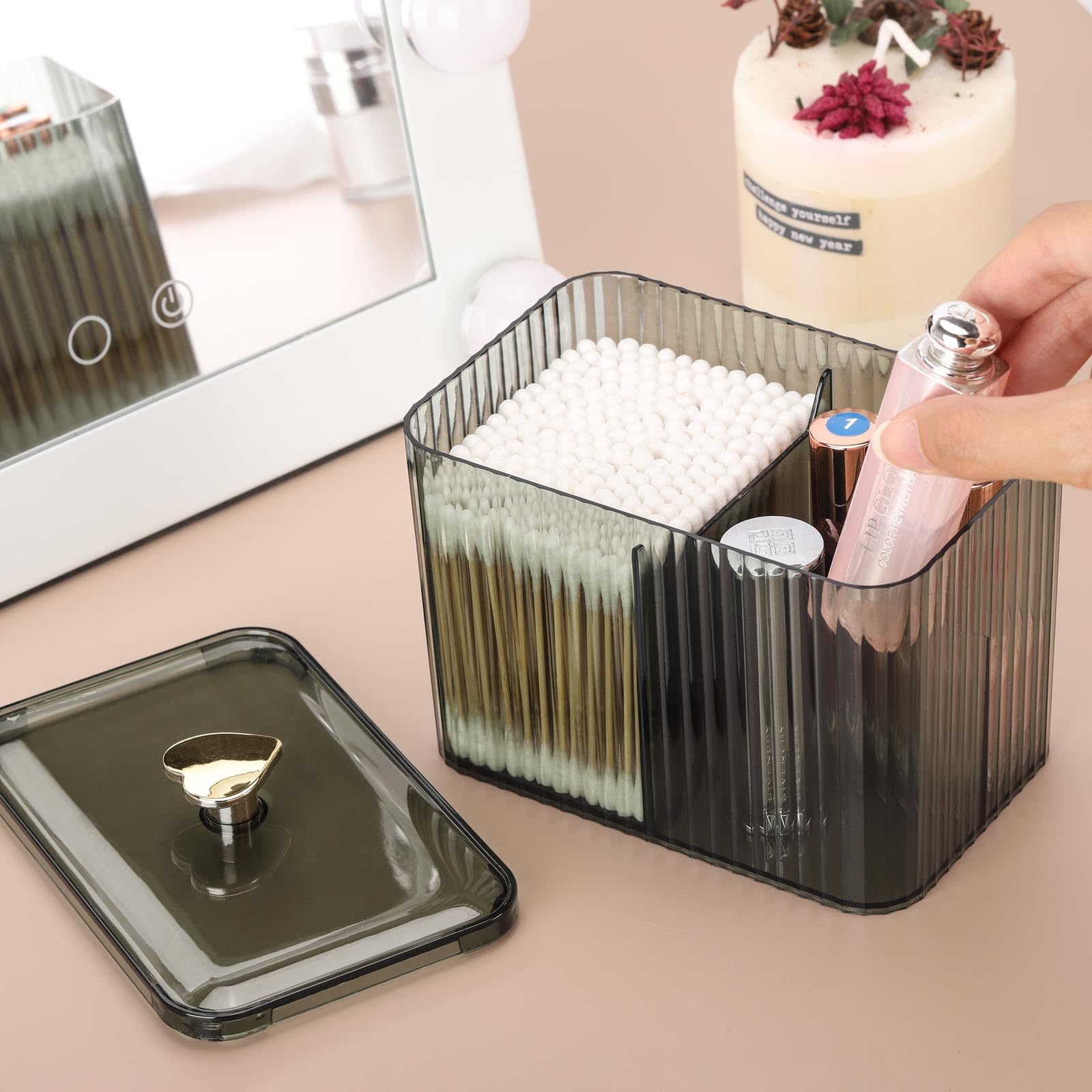 Tbestmax Qtip Holder Dispenser 3-Section Clear Cotton Swab/Pad/Ball Holder Container 3 Grids Bathroom Organizer Jar Cosmetics St