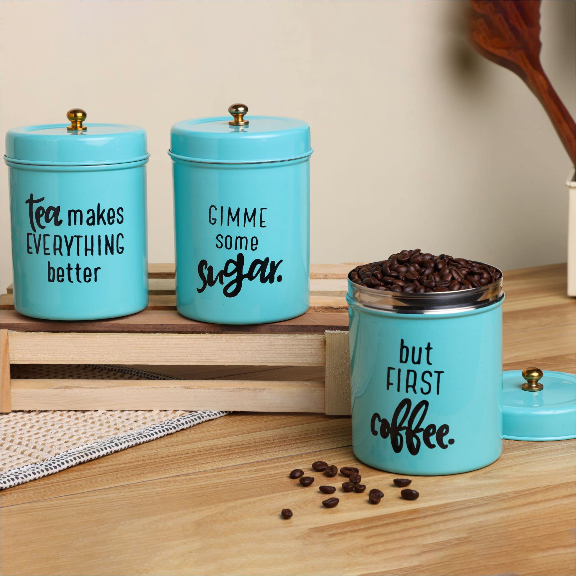 Anantam Homes Airtight Stainless Steel Quoted Canister Set With Lid For Kitchen Counter Top Sugar Coffee Tea Organizer (Set Of 3