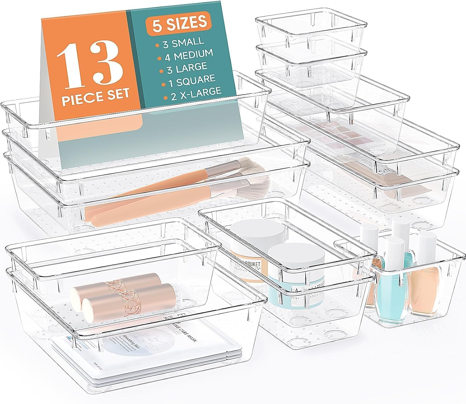 WOWBOX 13 PCS Clear Plastic Drawer Organizer Set, 5 Sizes Desk Drawer Divider Organizers and Storage Bins for Makeup, Jewelry, G