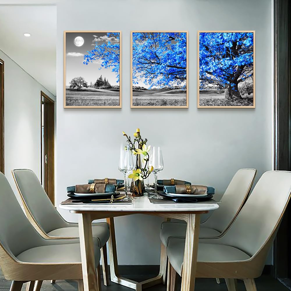 Natural Wood Framed Wall Art For Living Room Wall Decoration For Bedroom Black And White Wall Pictures Large Size Wall Decor Blu