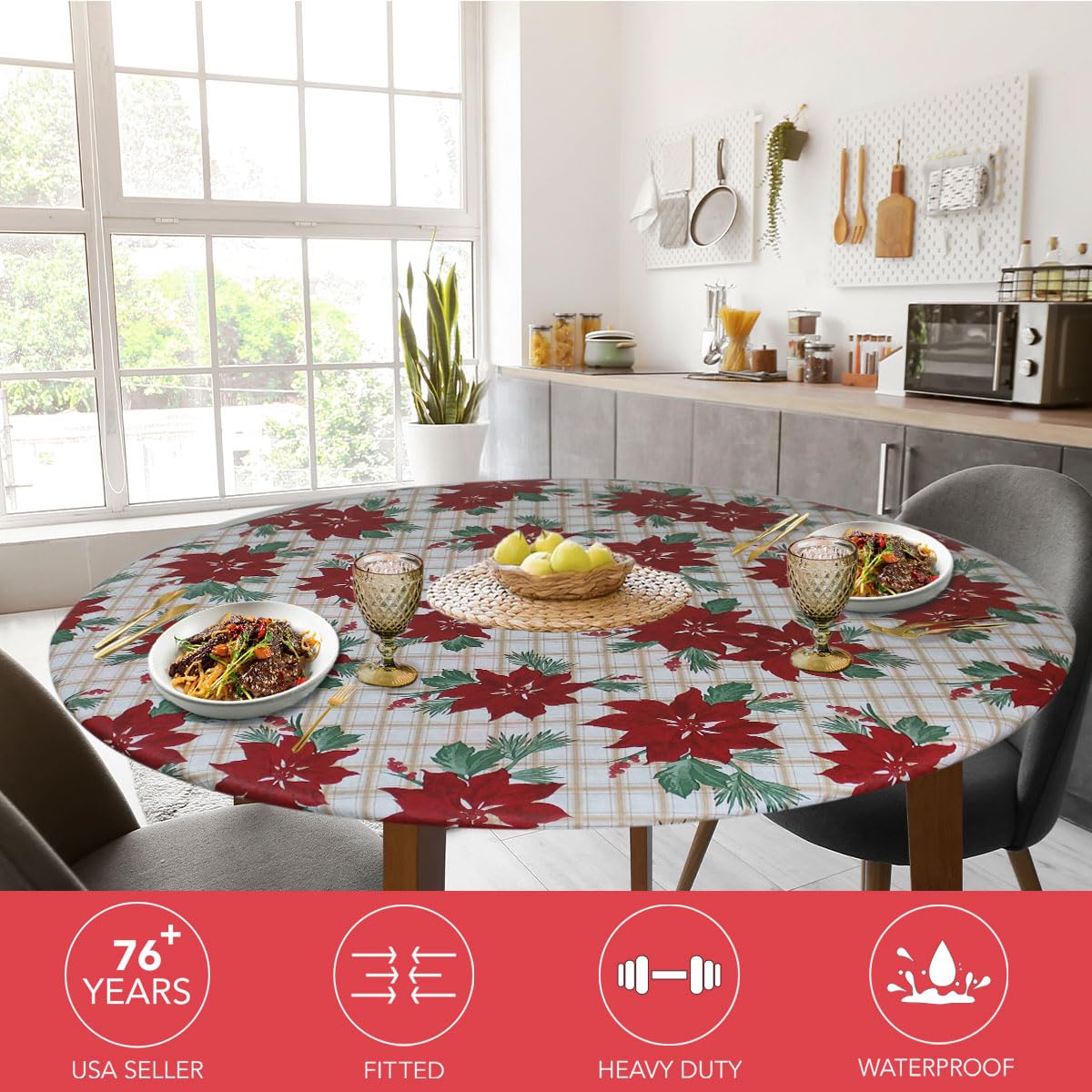 Covers For The Home Deluxe Elastic Edged Flannel Backed Vinyl Fitted Table Cover - Christmas Flower Pattern - Small Round - Fits