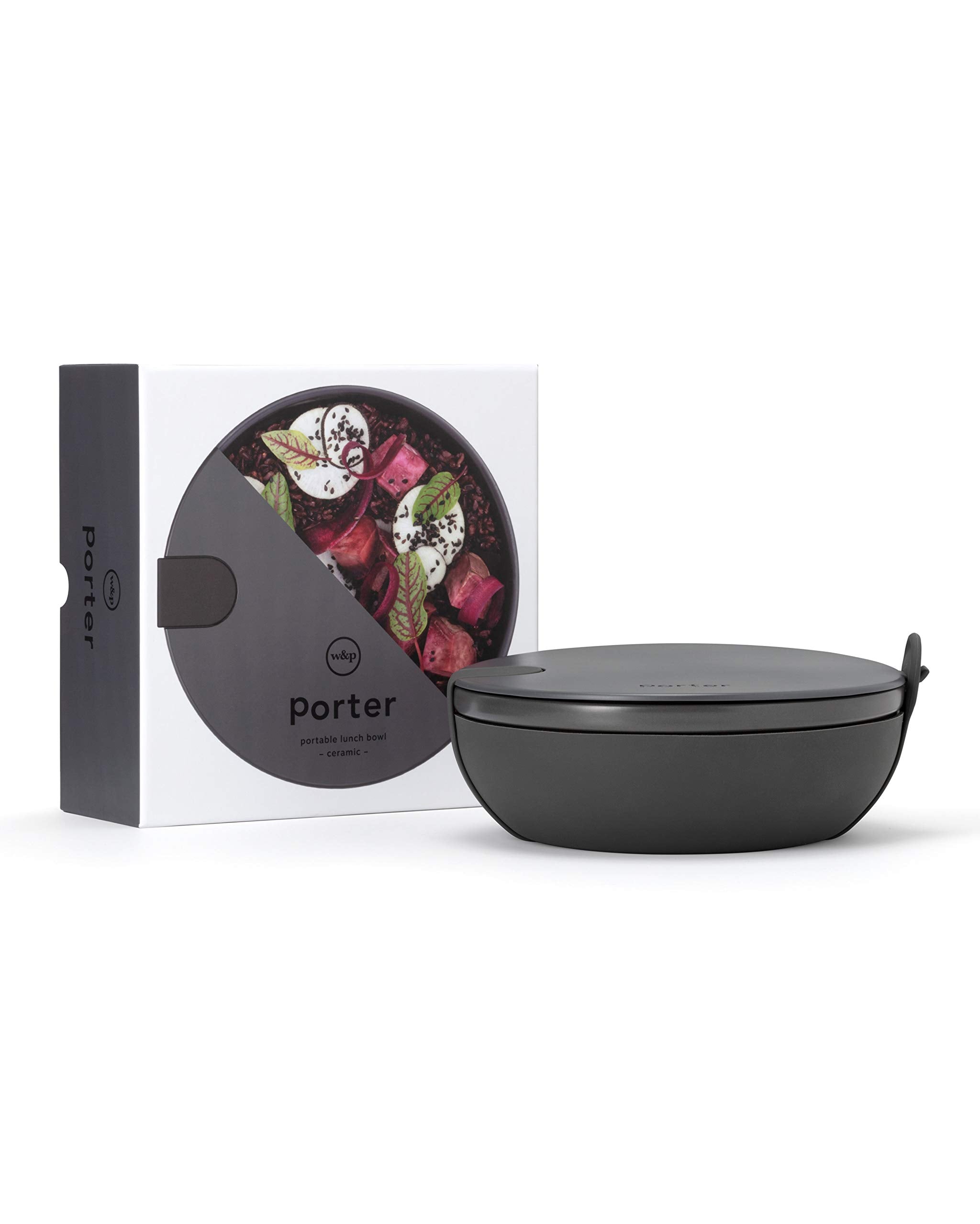W&P Porter Ceramic Bowl Lunch Container W/ Protective Non-Slip Exterior, Charcoal 1 Liter | Lid & Snap-Tight Silicone Strap | Fo