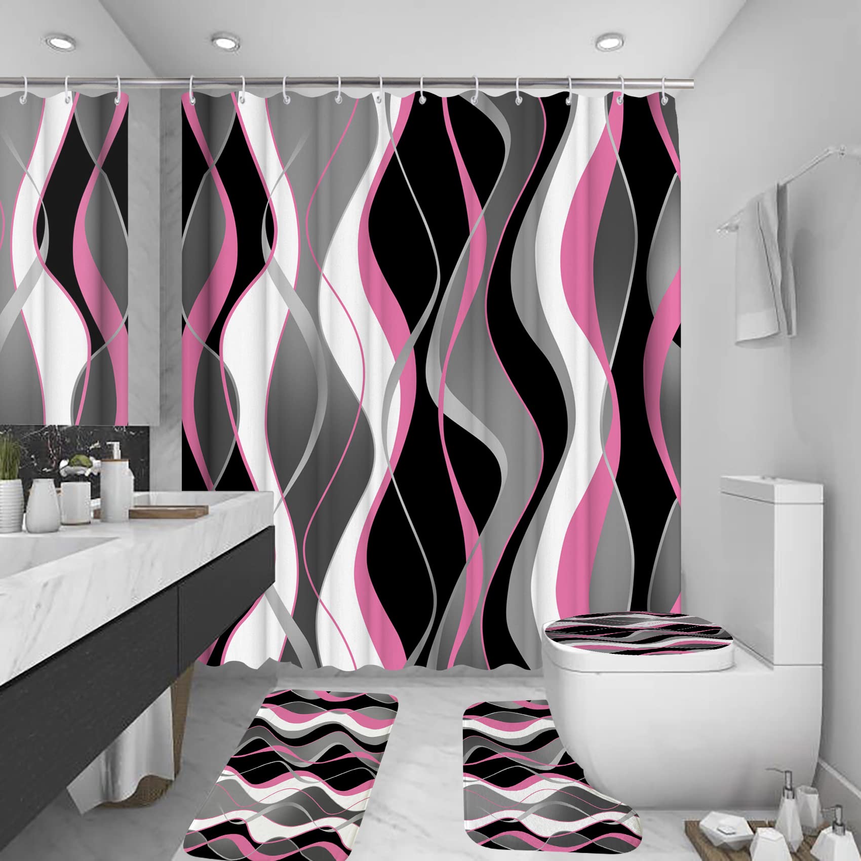 Beifivcl 4Pcs Pink Shower Curtain Sets With Non-Slip Rugs, Toilet Lid Cover And Bath Mat, Black And Gray Bathroom Decor Set Acce