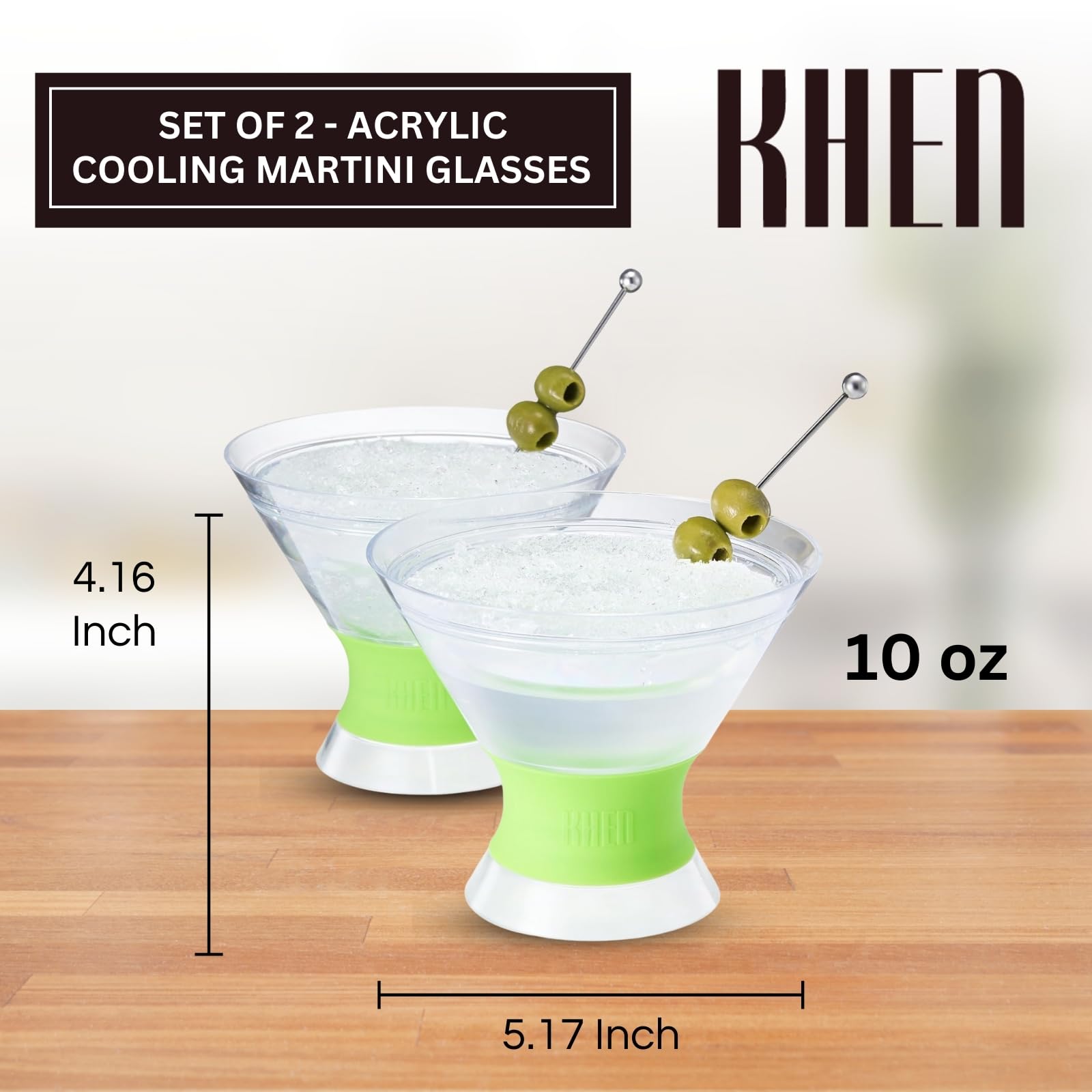Khen Cooling Martini Glasses – Double-Wall Insulated 10 oz Cocktail Glasses with Frosted Base