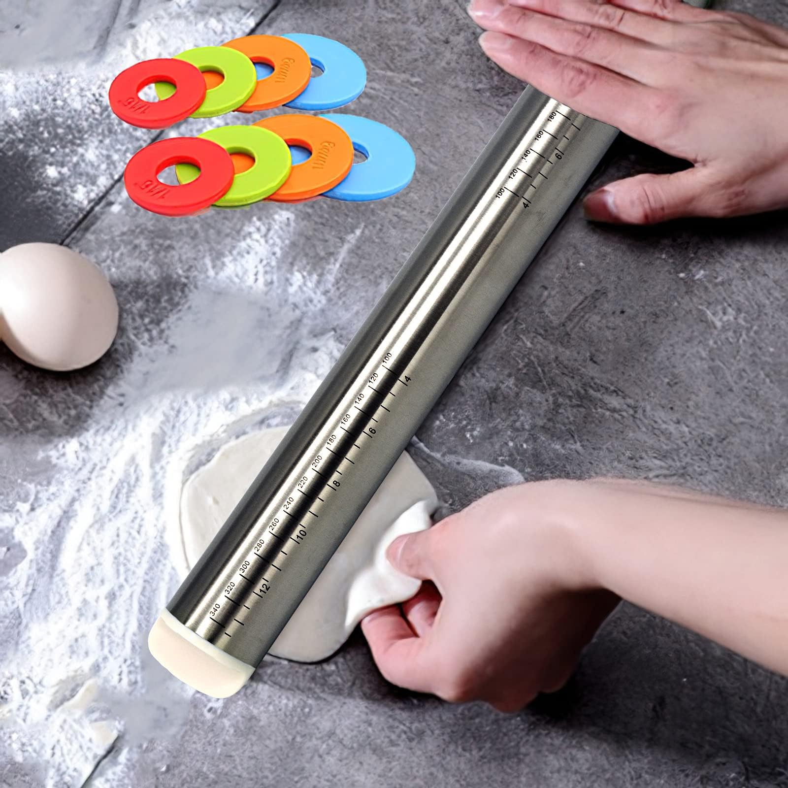 Thymart Stainless Steel Rolling Pin For Pizza, Burger Dough Roll - Baking Roller - With Thickness Controller. Adjustable Rolling