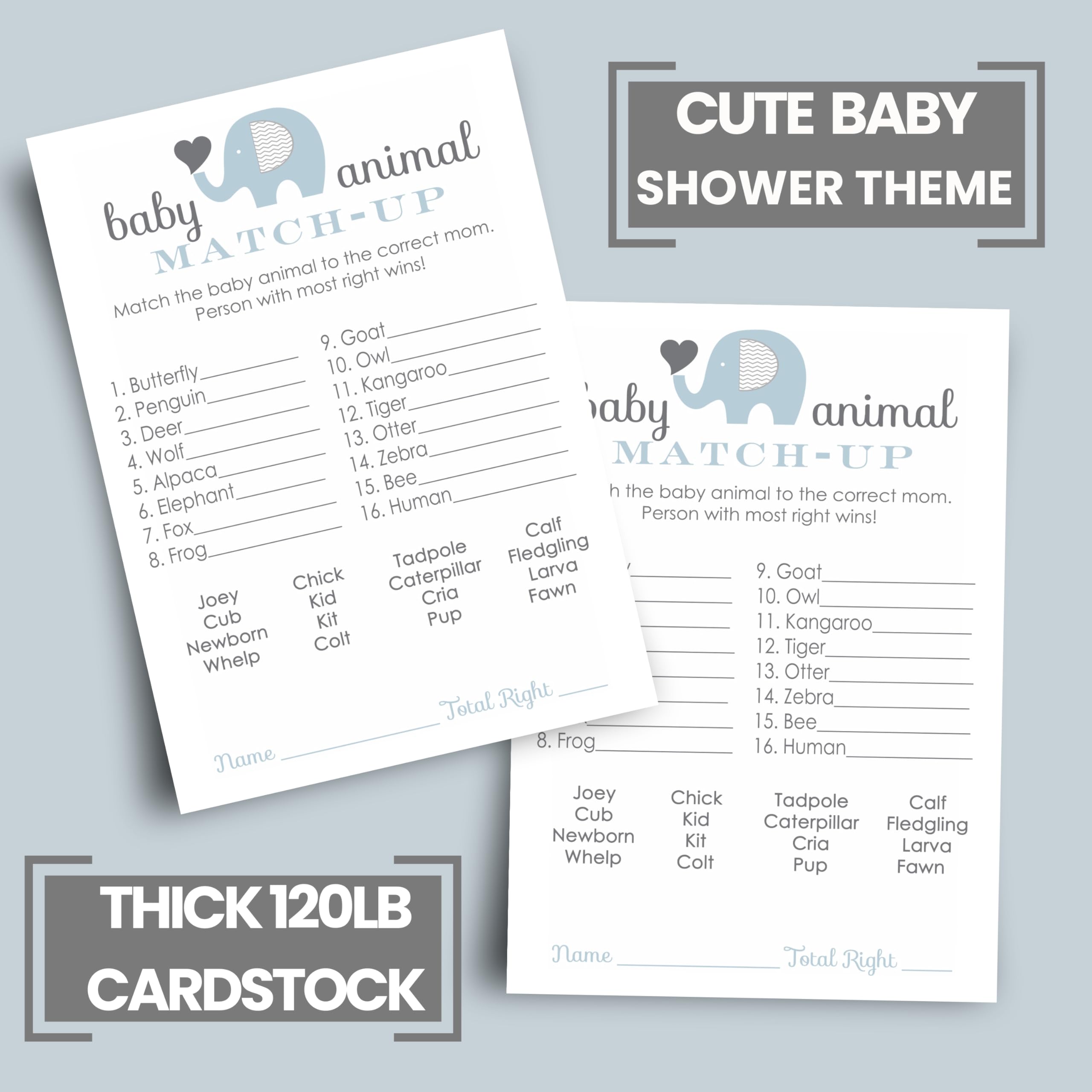 Blue Elephant Baby Shower Games For Boys - Animal Matching Guessing Activity - Fun Gender Reveal Game For Guests - Jungle Baby S