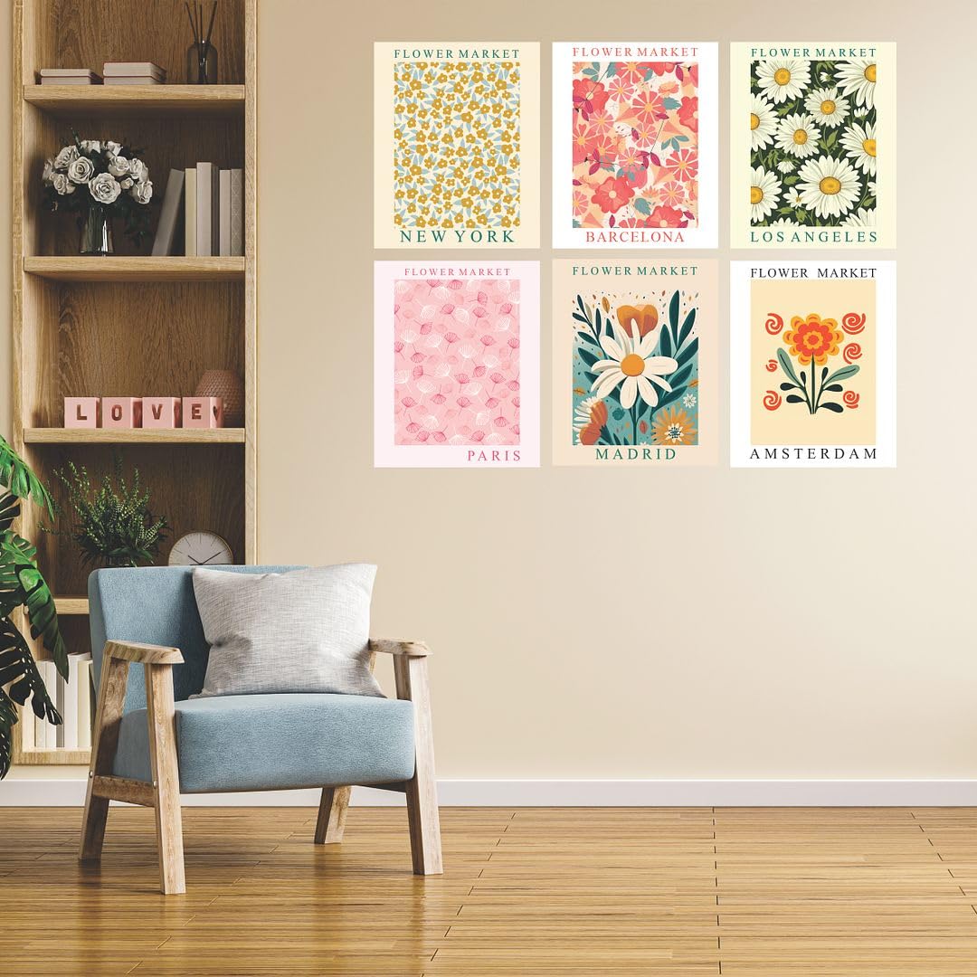 Cvanu Set Of 6 Beautiful Flower Market Botanical Design Printed Aesthetic Wall Art Collage Kit Posters With Glue Dot Tape For Ha