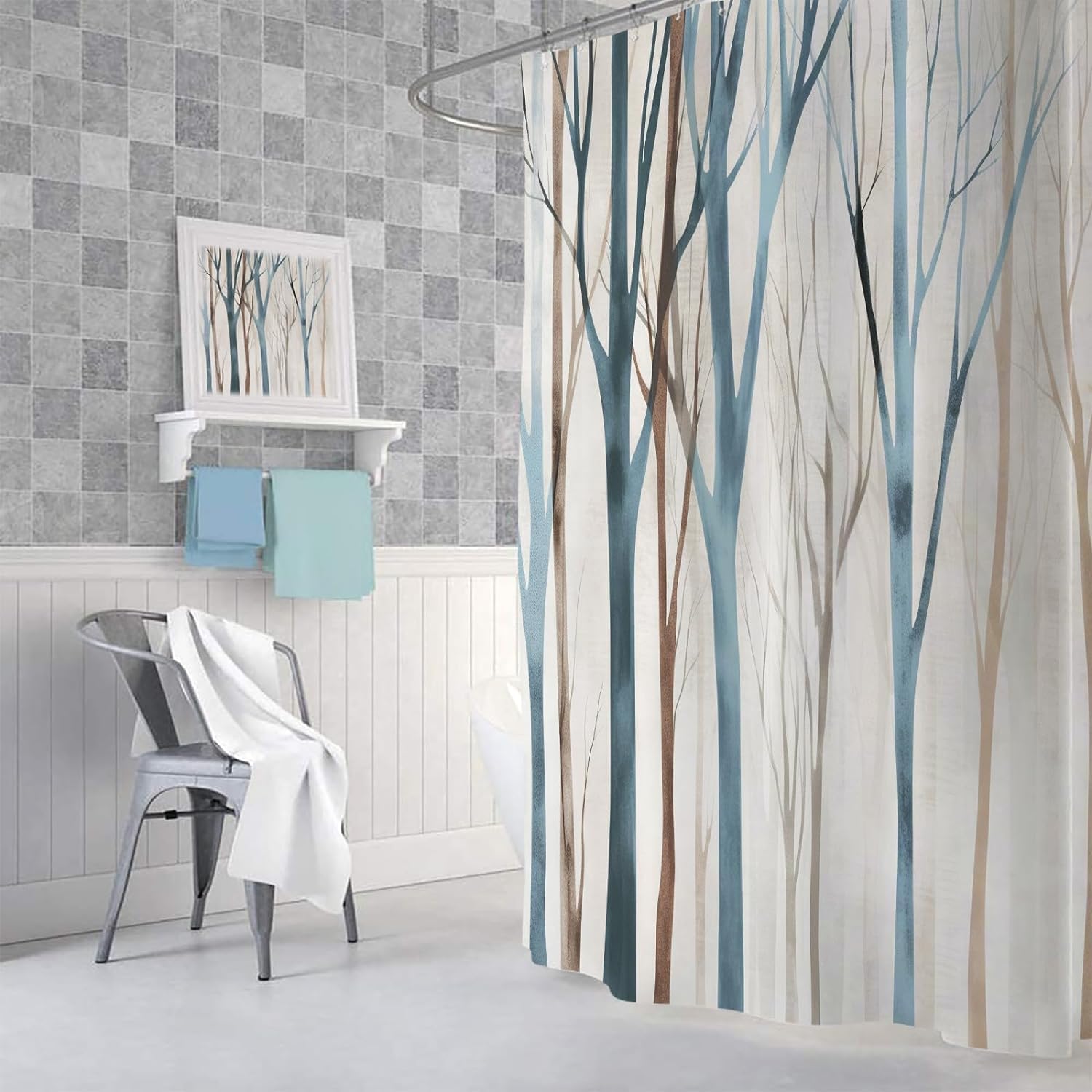 Merchr Brown Blue Tree Fabric Shower Curtain, Art Style Abstract Birch Forest Rustic Wood Polyester Fabric Waterproof Bath Curta