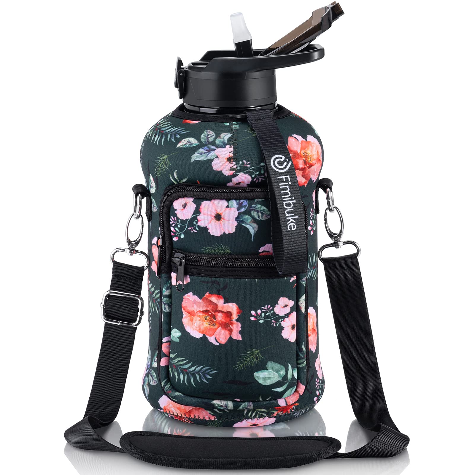 Fimibuke Half Gallon Water Bottle With Sleeve 64 Oz Water Bottle With Handle & Straw Leakproof Motivational Sport Gym Water Bott