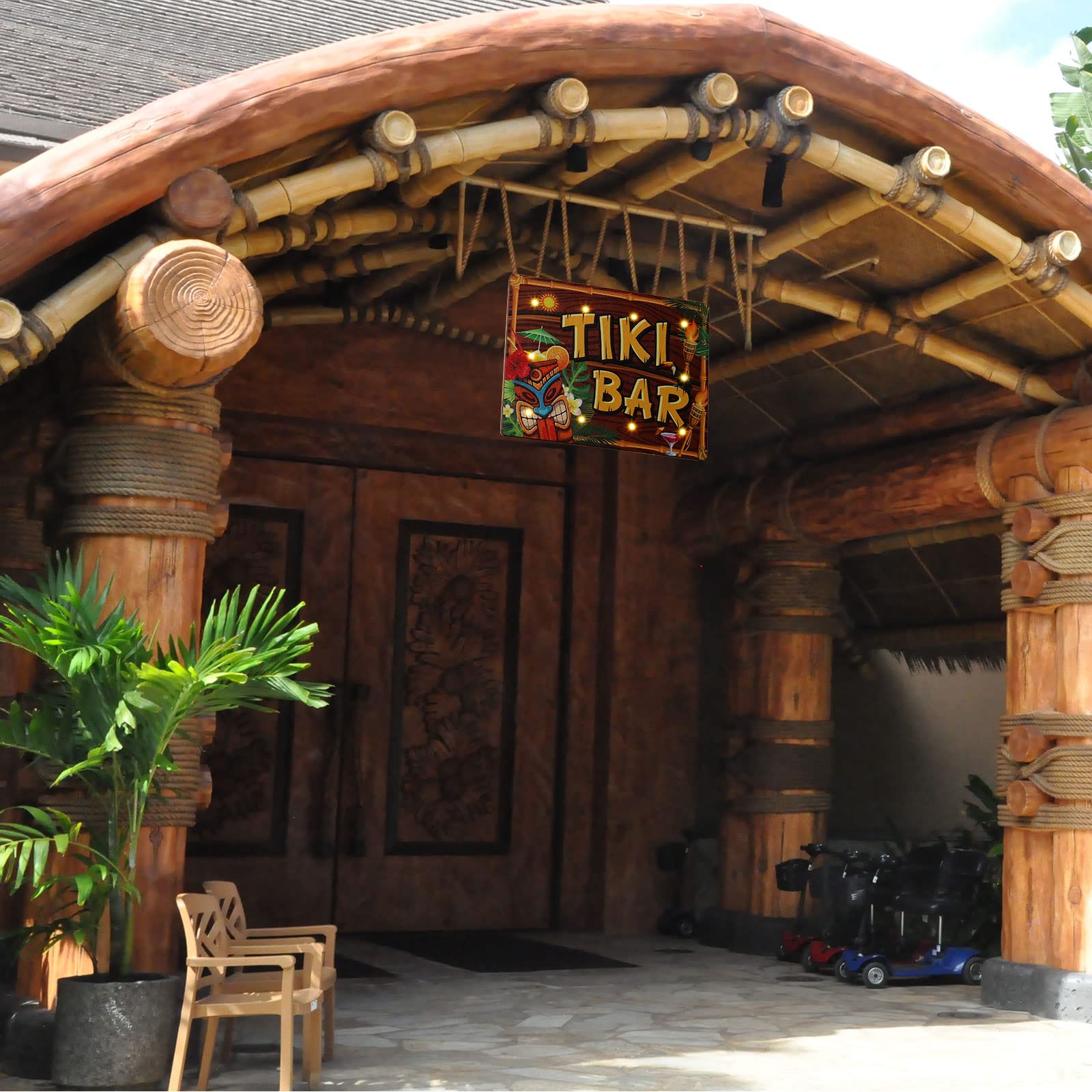Blulu Tiki Bar Sign Hawaiian Luau Party Decoration Supplies Wooden LED Light Tiki Plaque for Aloha Hawaii Luau Tropical Birthday