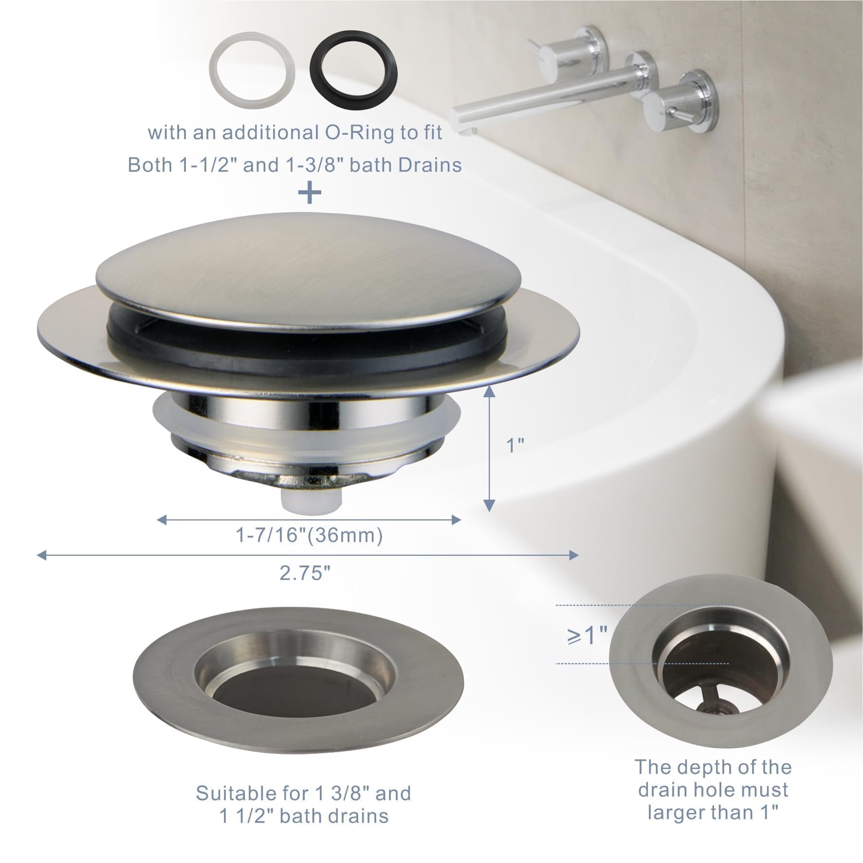 Brushed Bathtub Drain Stopper,Universal Pop Up Bath Drain, Hidrop Tip Toe Tub Drain Stopper,Conversion Kit Assembly, Replaces Li