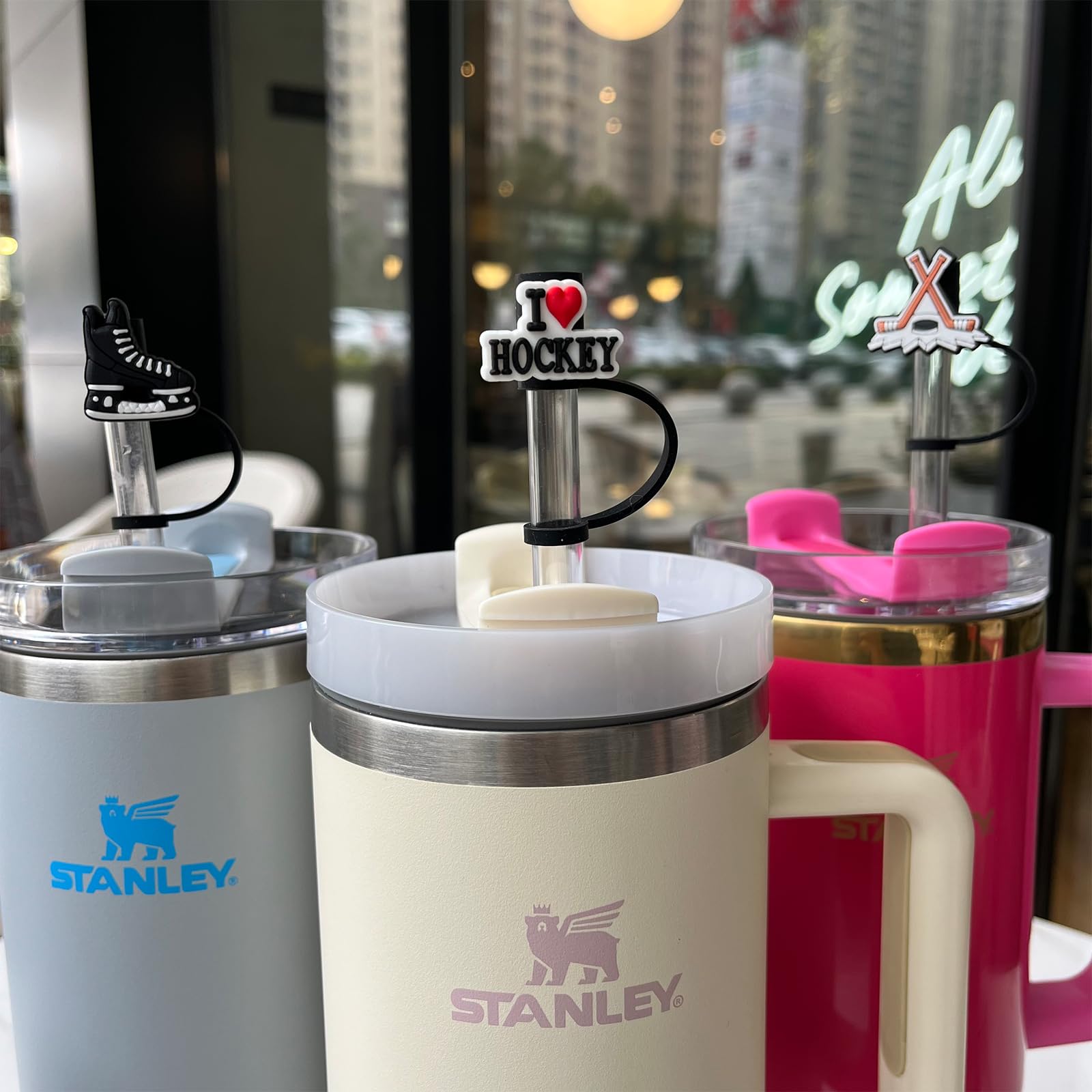 Amreich Hockey Straw Cover For Stanley Cup, 6 Pcs Silicone Straw Topper For 30/40Oz Tumbler With Handle, Black Straw Cover Cap F