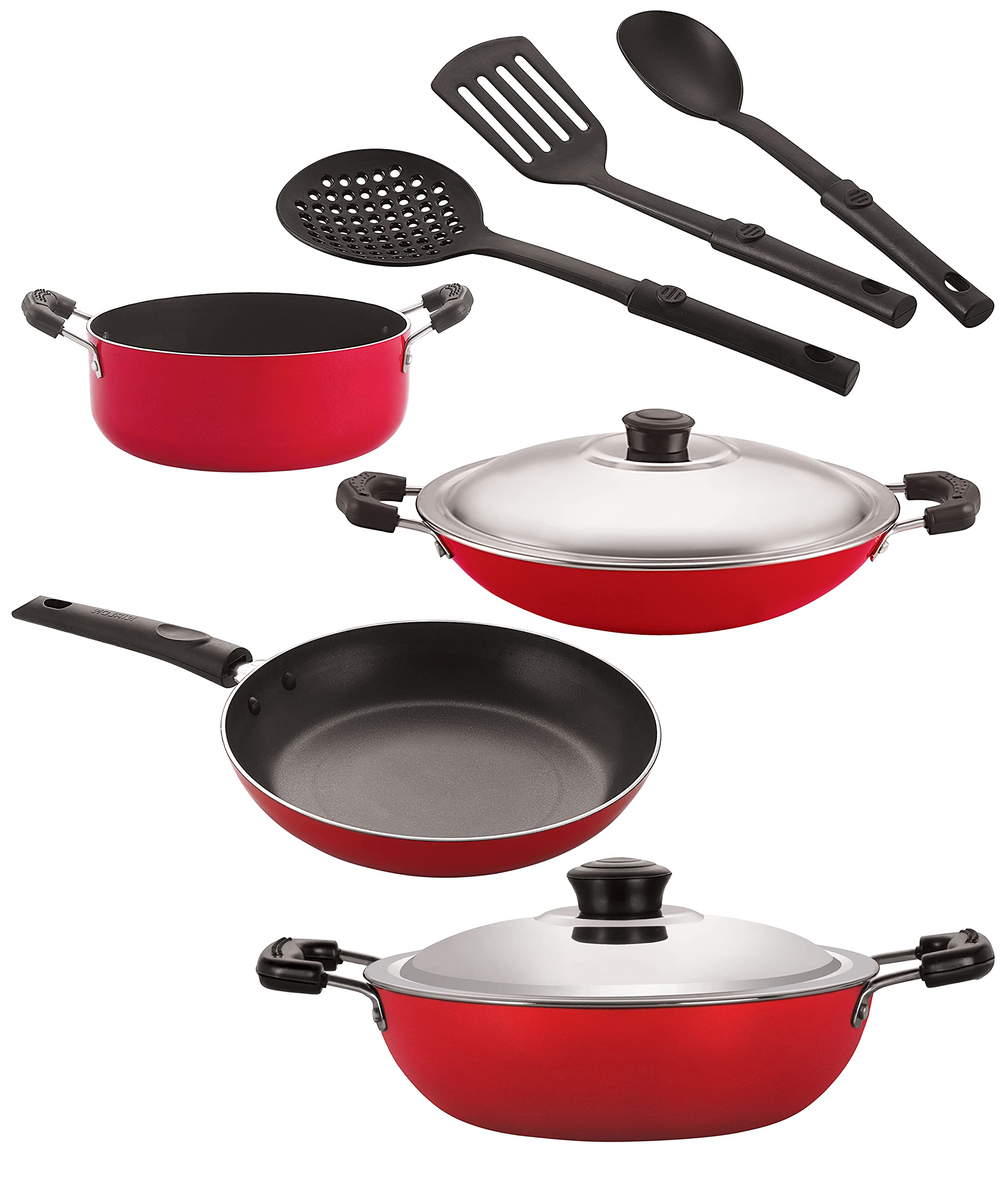 Nirlon Nonstick Coated Aluminium 7 Pcs Set Of Deep Kadhai22Cm,Appachatti22.5Cm,Casserole20Cm,Tapper Pan24Cm & 3 Spoon (2.6Mm