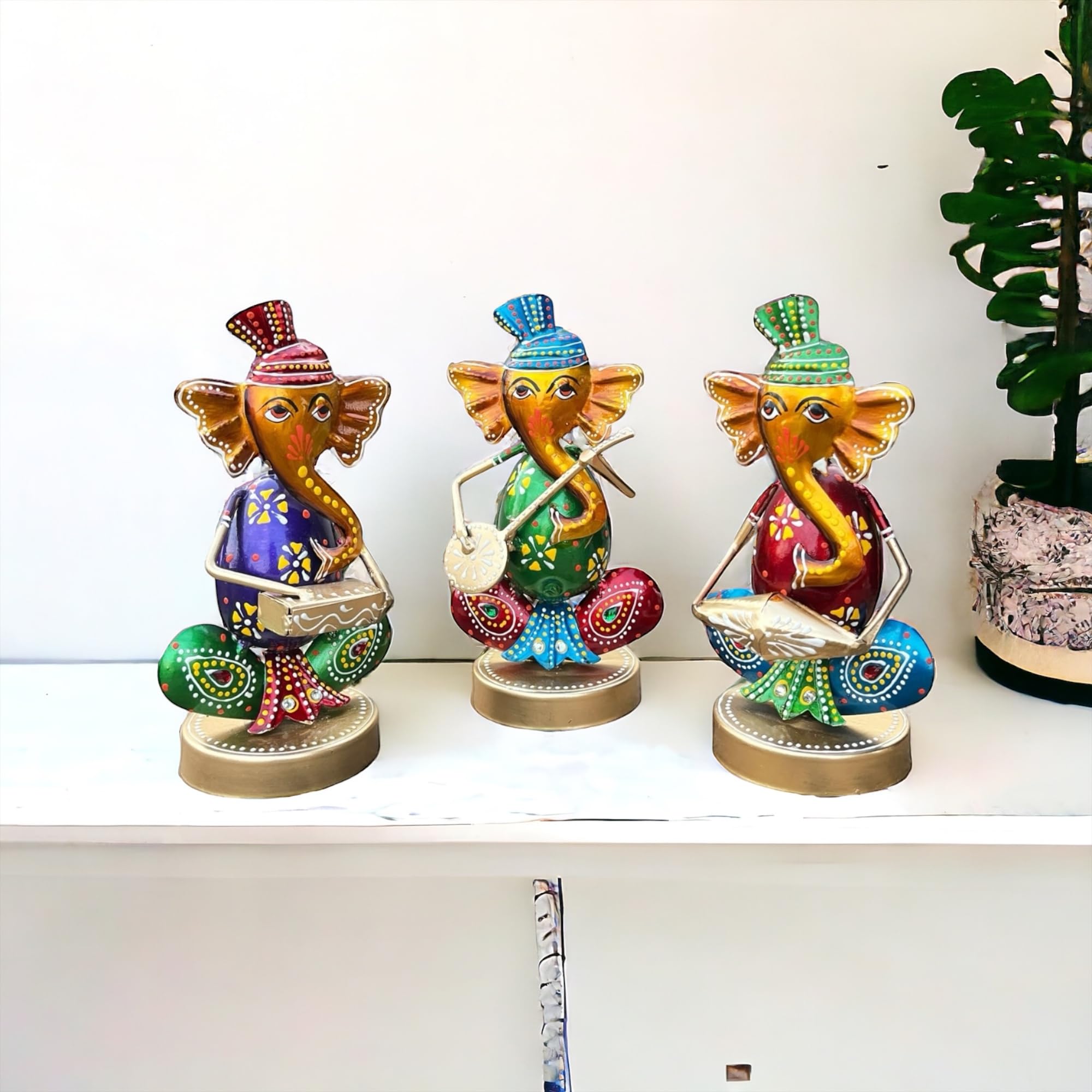 Craficial Metal Handpainted Ganesh Ji Rajasthani Musician Set Showpiece Idol For Living Room Sclupture For Home & Office Decor (