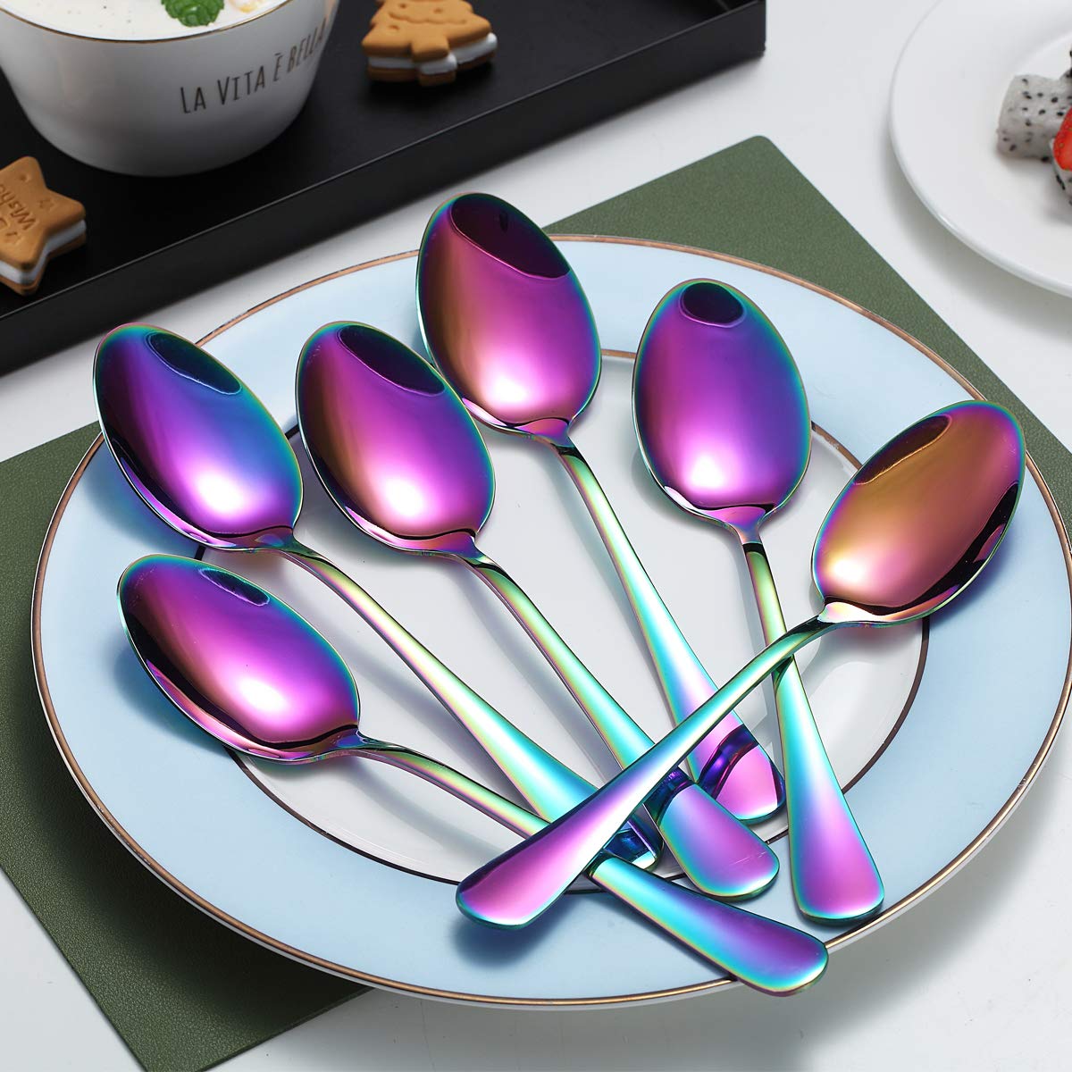 Rainbow Dinner Spoons, Kyraton 6 Pieces 7.5'' Stainless Steel Table Spoon With Titanium Colorful Plating, Rainbow Soup Spoons, D