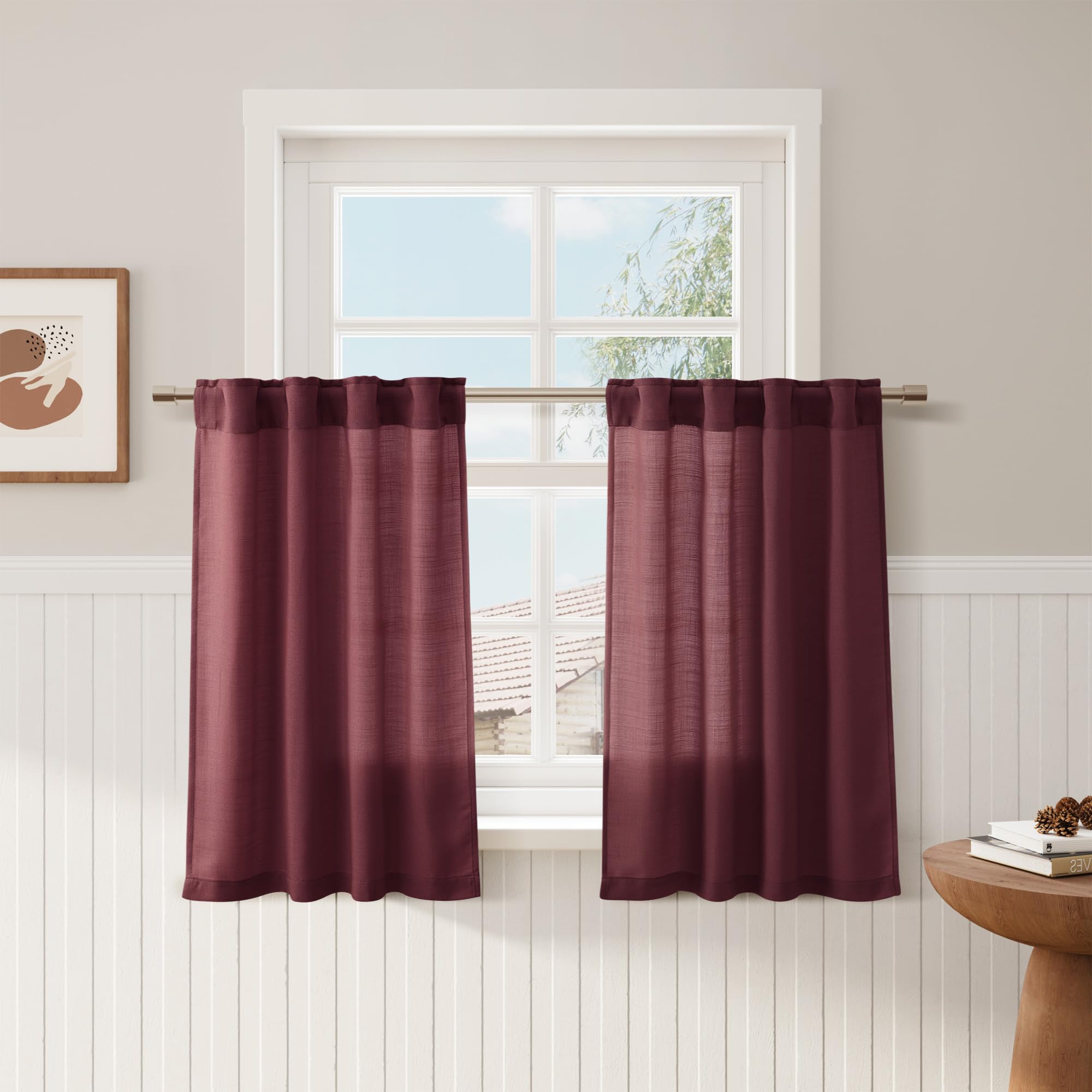 Burgundy Linen Kitchen Curtains 36 Inch Length 2 Pack Light Filtering Semi Industrial Style Transparent Linen Blend Short Drapes