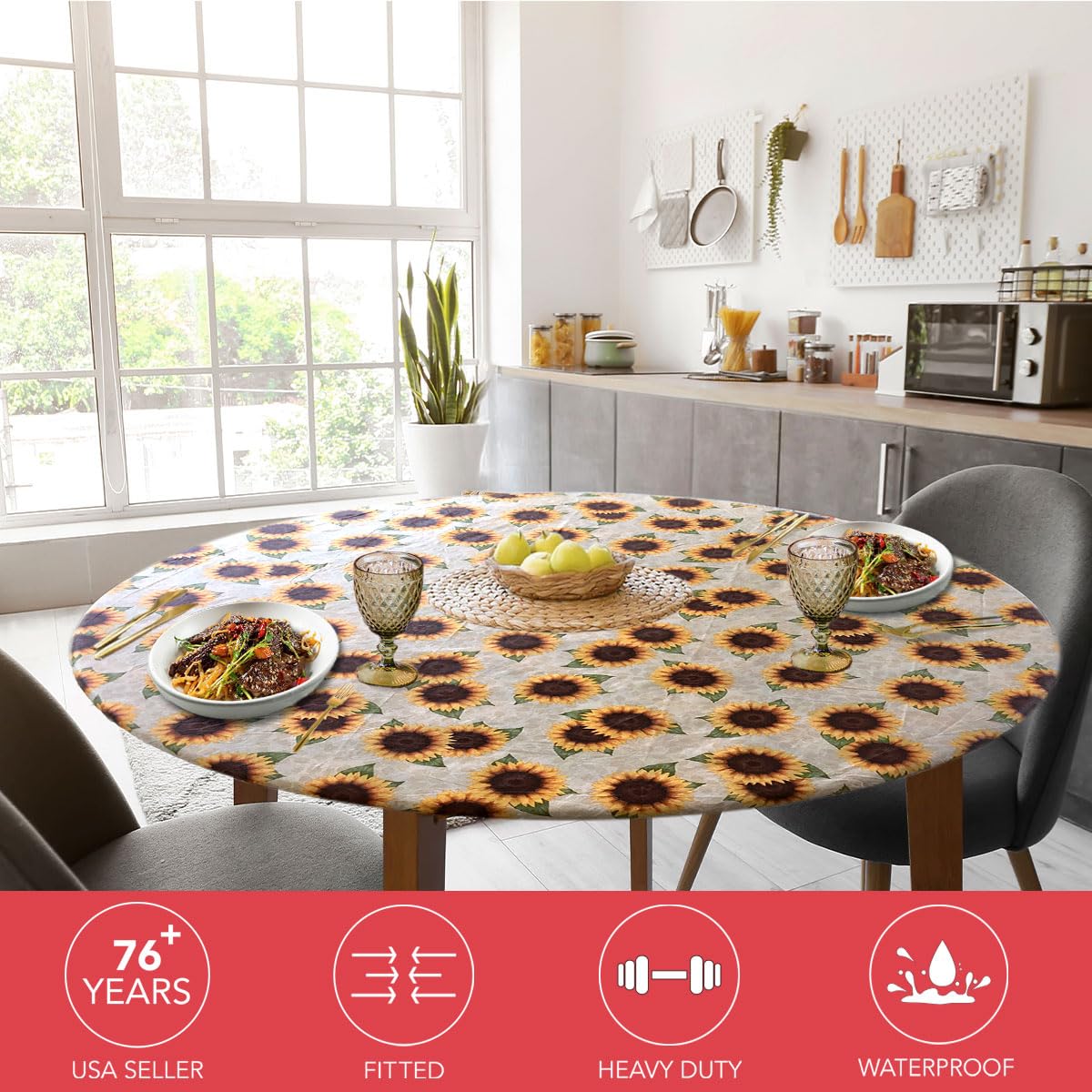 Covers For The Home Deluxe Elastic Edged Flannel Backed Vinyl Fitted Table Cover - Sunflower Pattern - Large Round Oblong Oval -