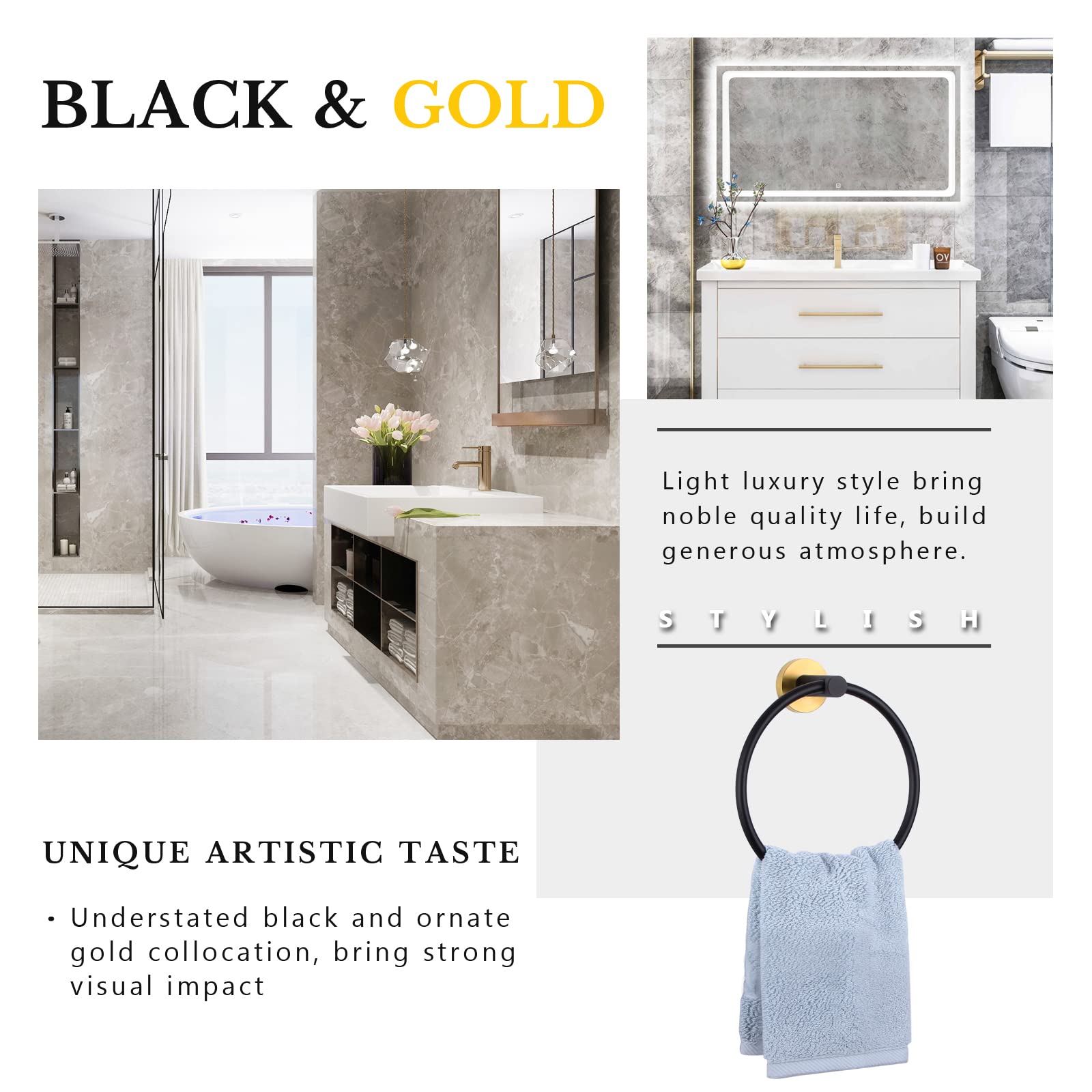 APLusee Hand Towel Ring  Stainless Steel Round Bathroom Towel Holder Loop (Black & Gold)